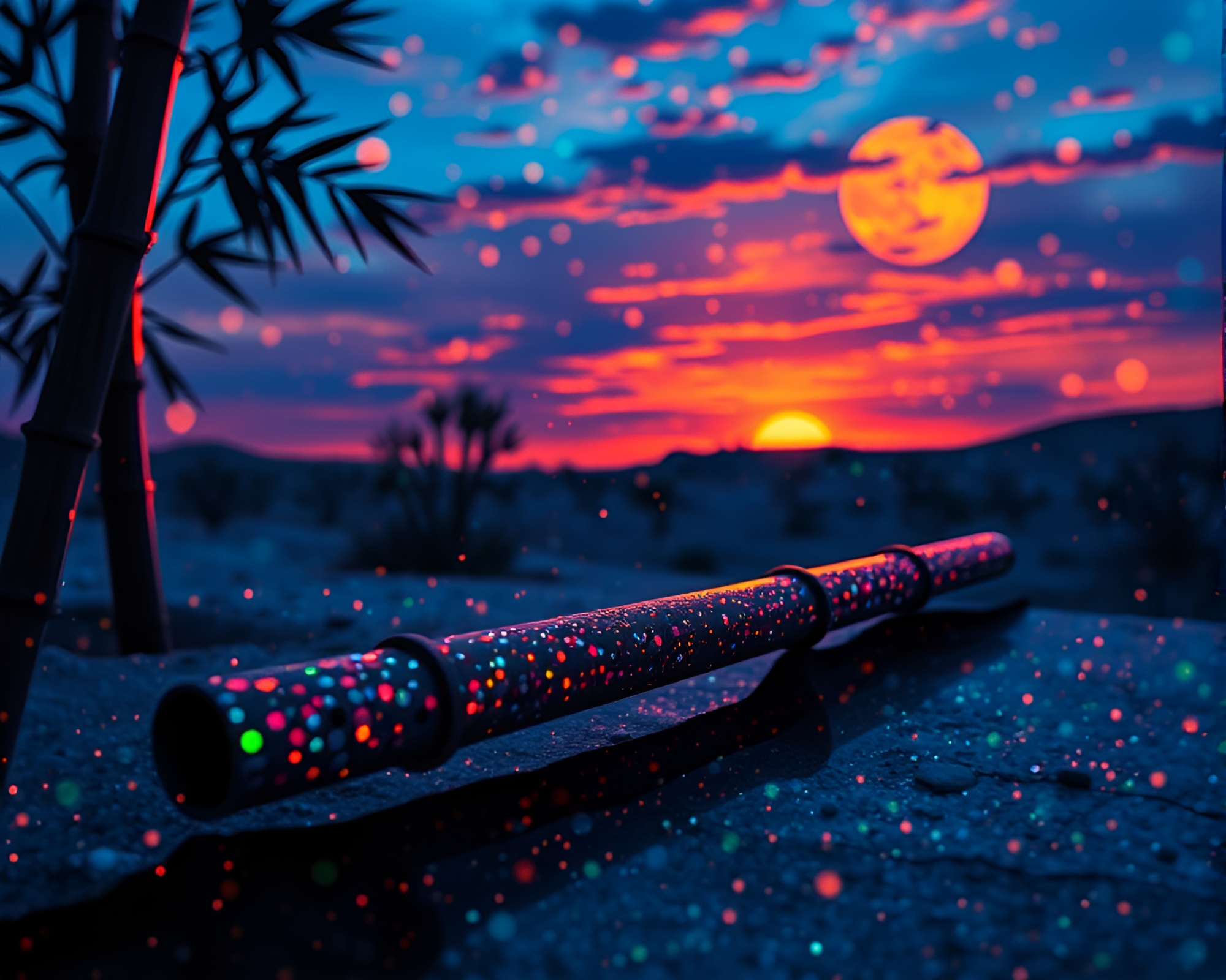 Bamboo Flute Hologram Concert at Desert Sunset – free AI stock image