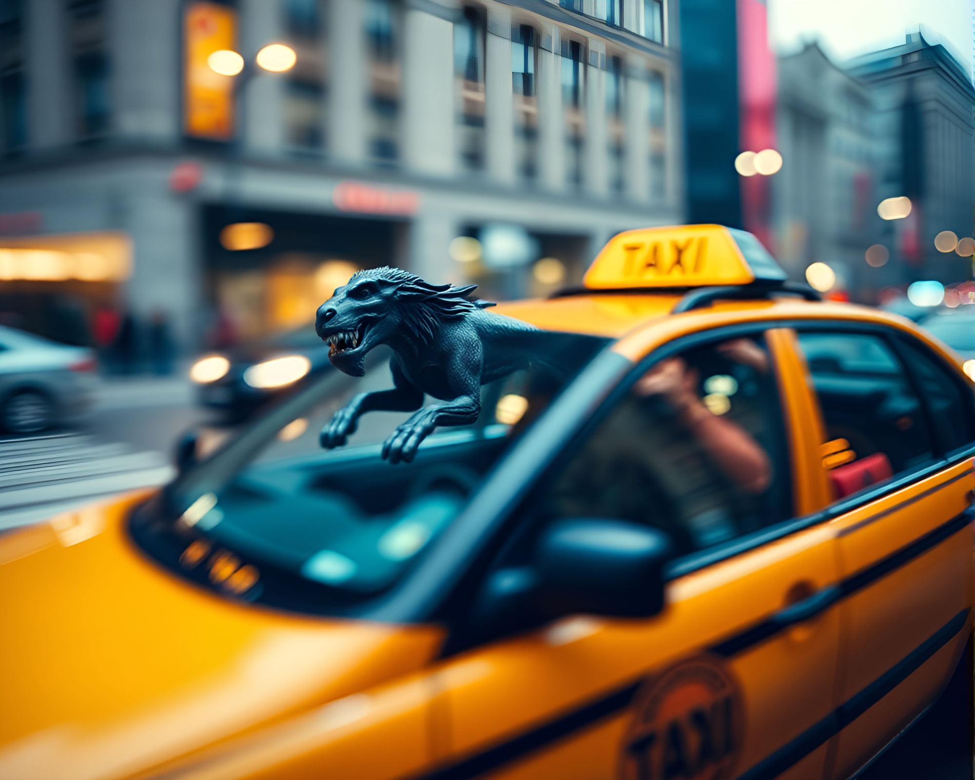 Cityscape Chaos: Cerberus Taxi Whirlwind – free AI stock image