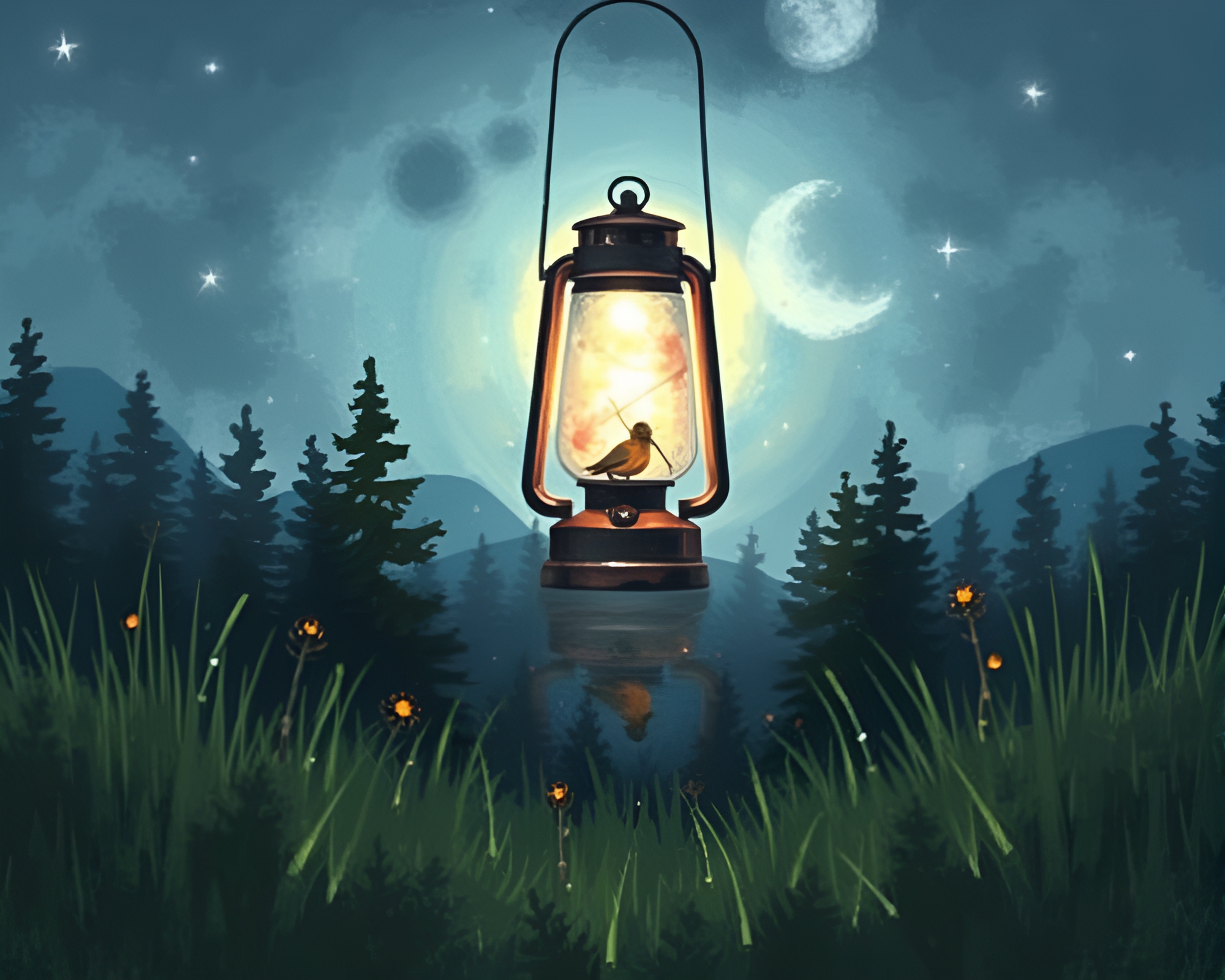 Mystical Wildlife at Pixelated Light Pond – free AI stock image