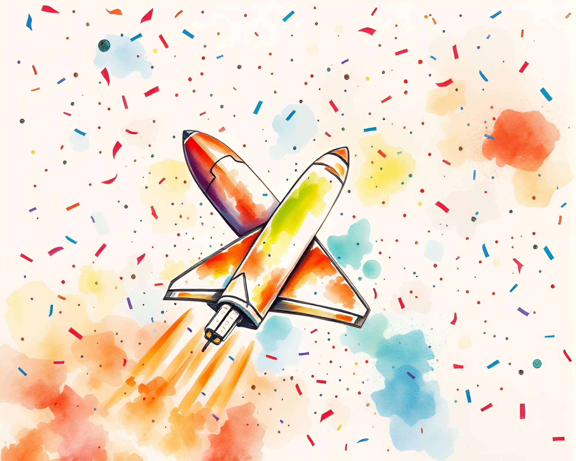 Vibrant Space Shuttle Launch with Confetti Burst – free AI stock image