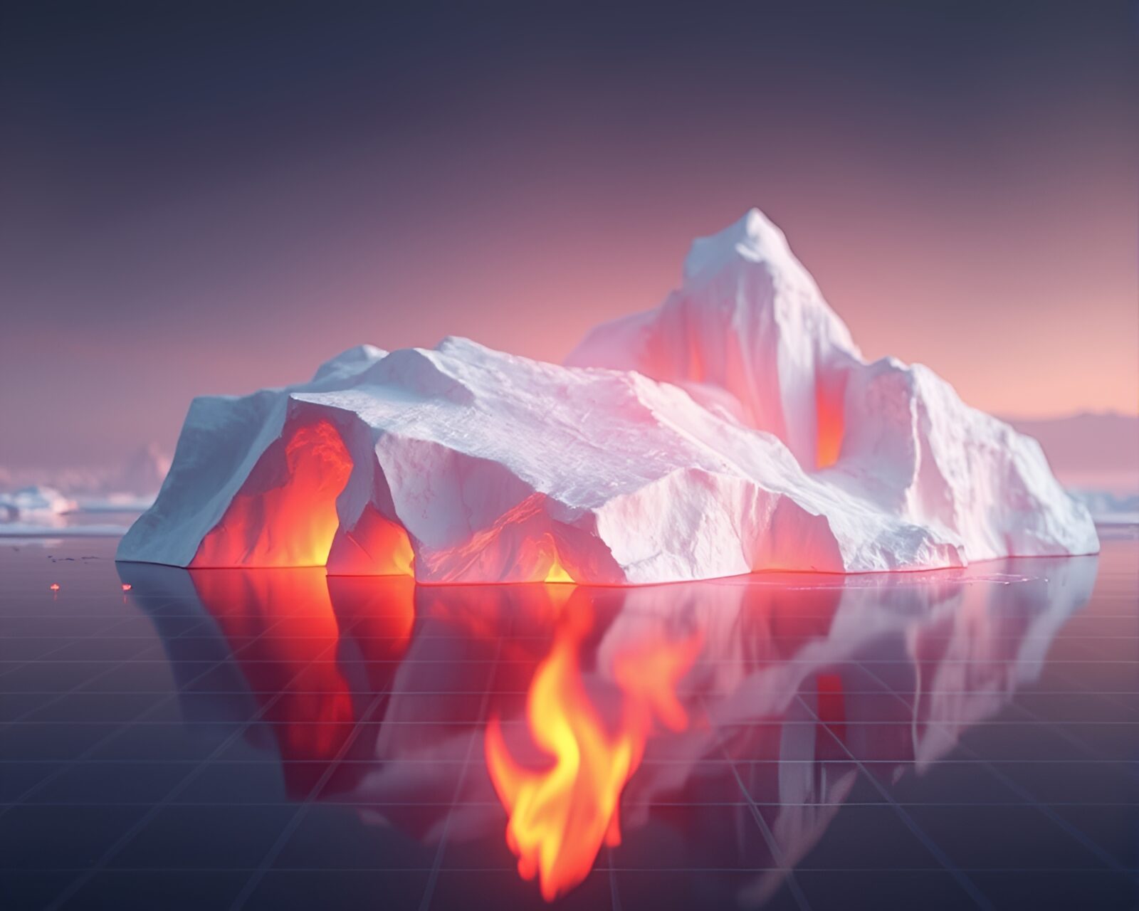 Majestic ice formation illuminated by warm fireplace glow