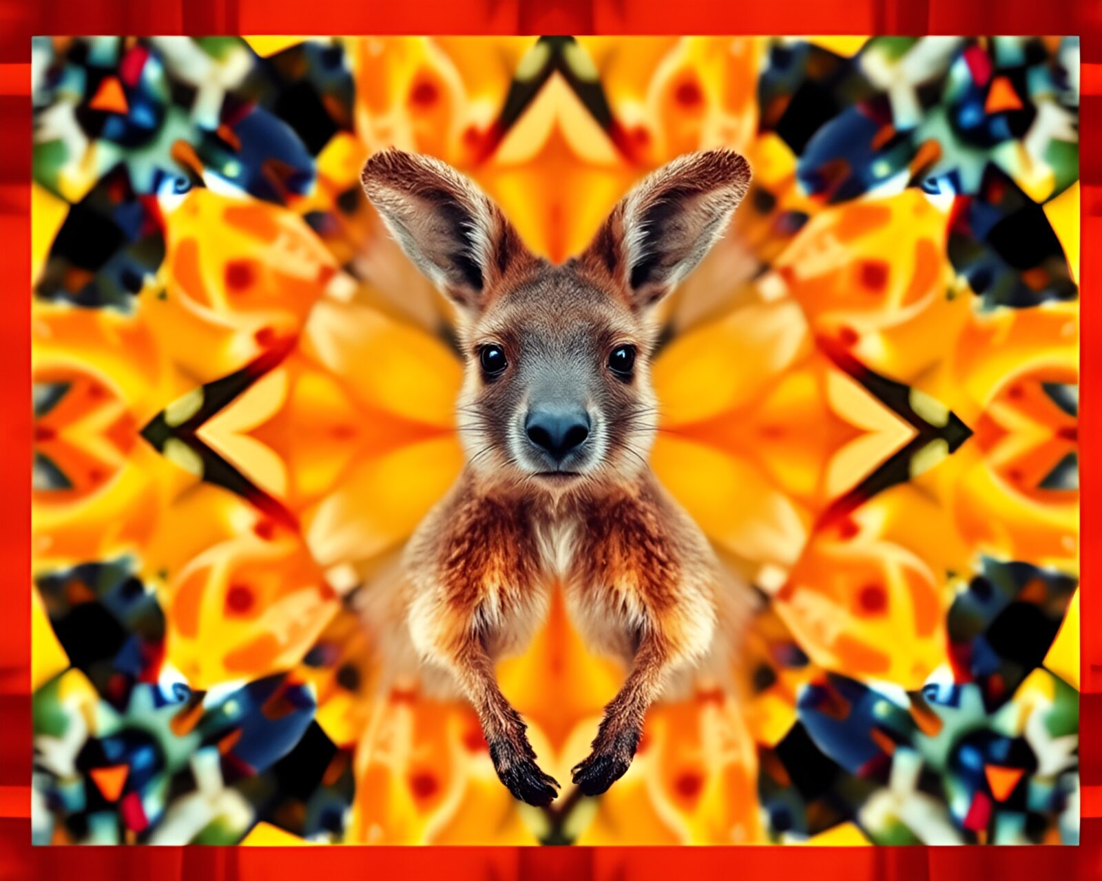 Colorful kaleidoscope kangaroo bouncing amidst film strip frames.