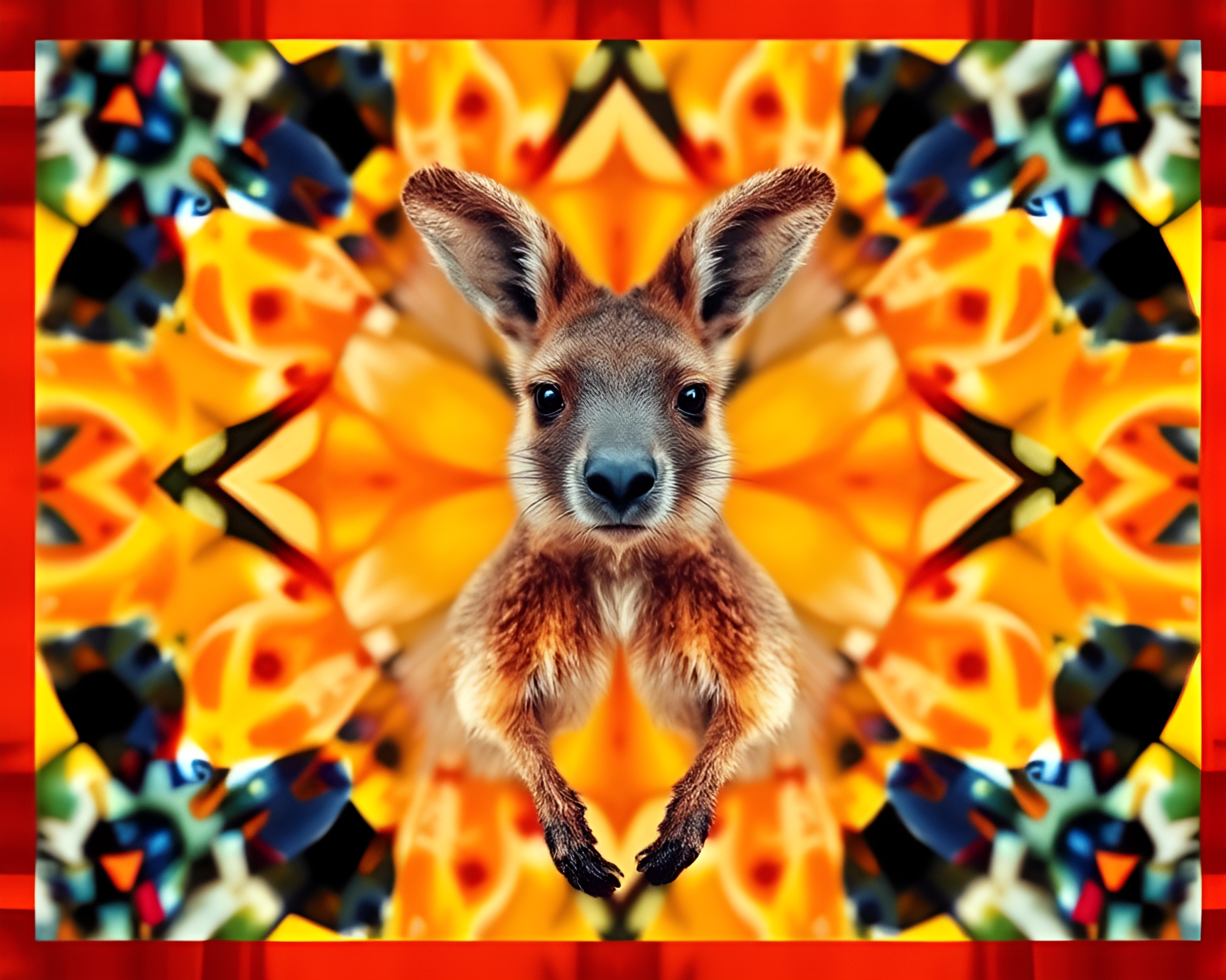 Kaleidoscope Kangaroo Dancing in Film Strip Border – free AI stock image