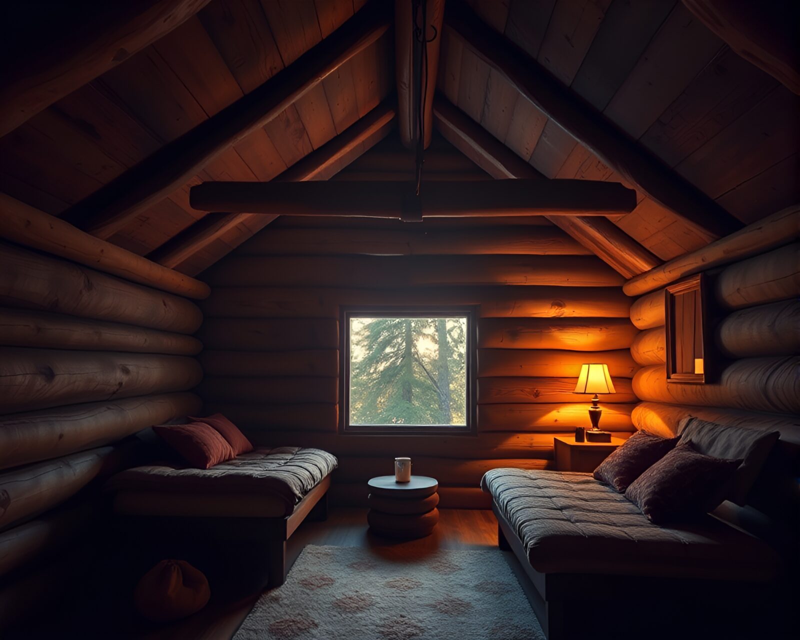 Tranquil cabin surrounded by warm earthy light reflections