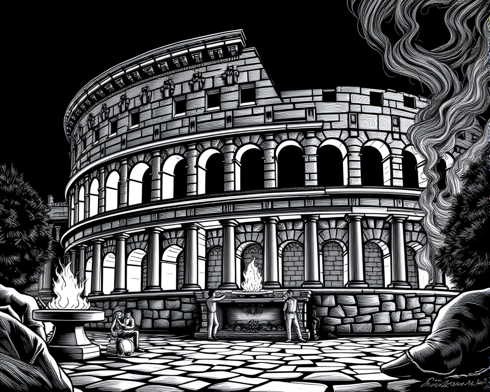 An intricate line art drawing of a Roman coliseum with flickering fireplace light