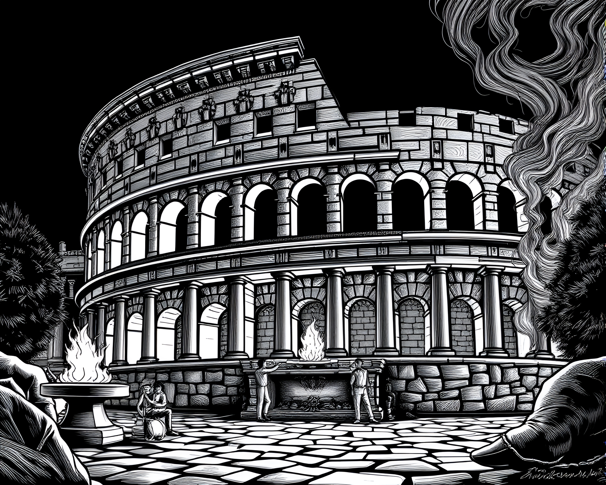 Ethereal Coliseum Hatching Line Art – free AI stock image
