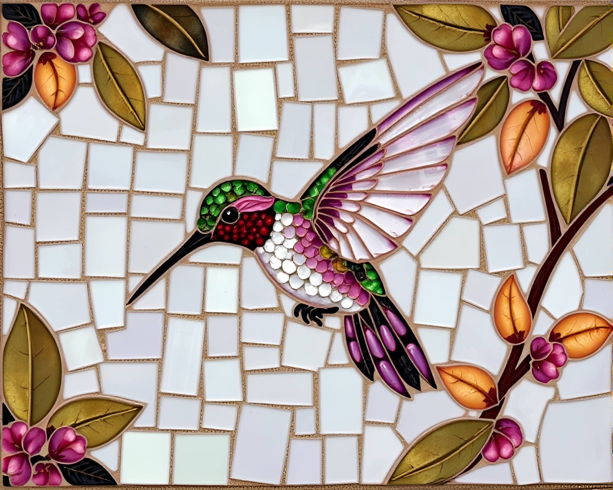 Amethyst Fresco: Hummingbird Tiled Mosaic – free AI stock image