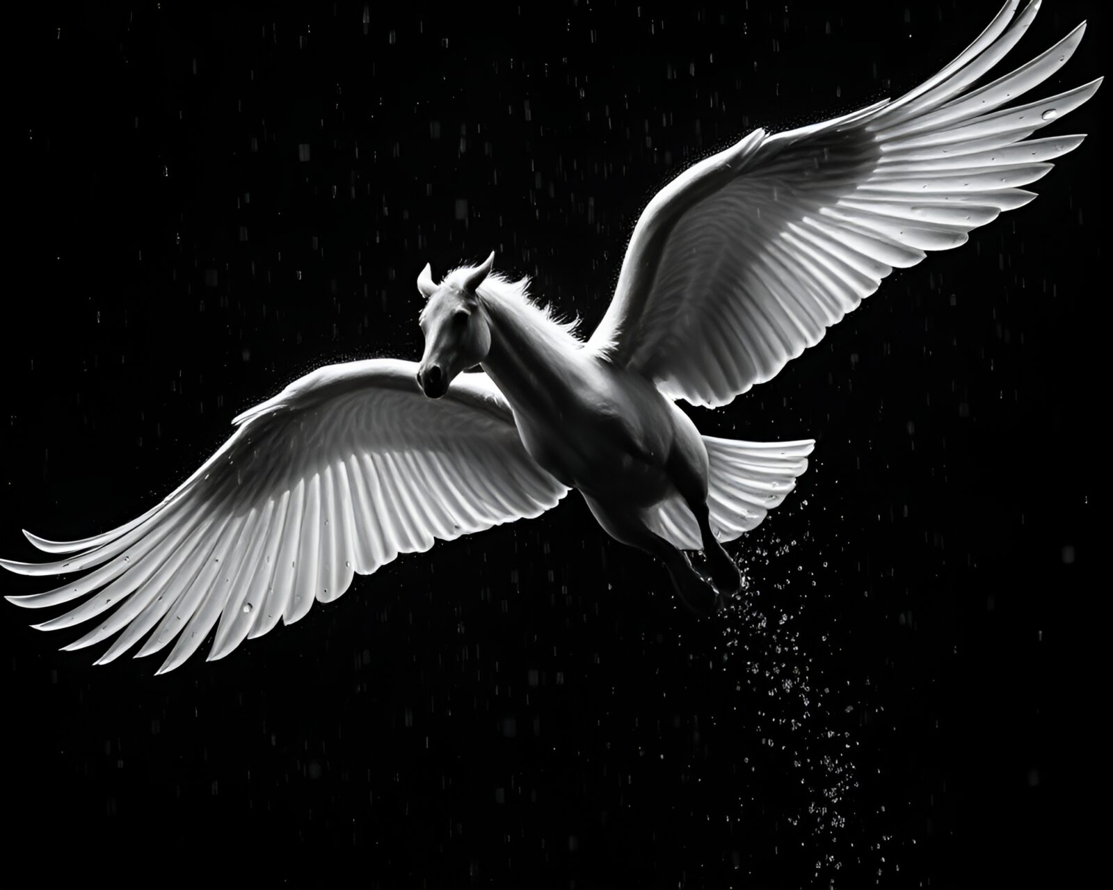 Gorgeous black and white image of a mythical horse with rain droplets