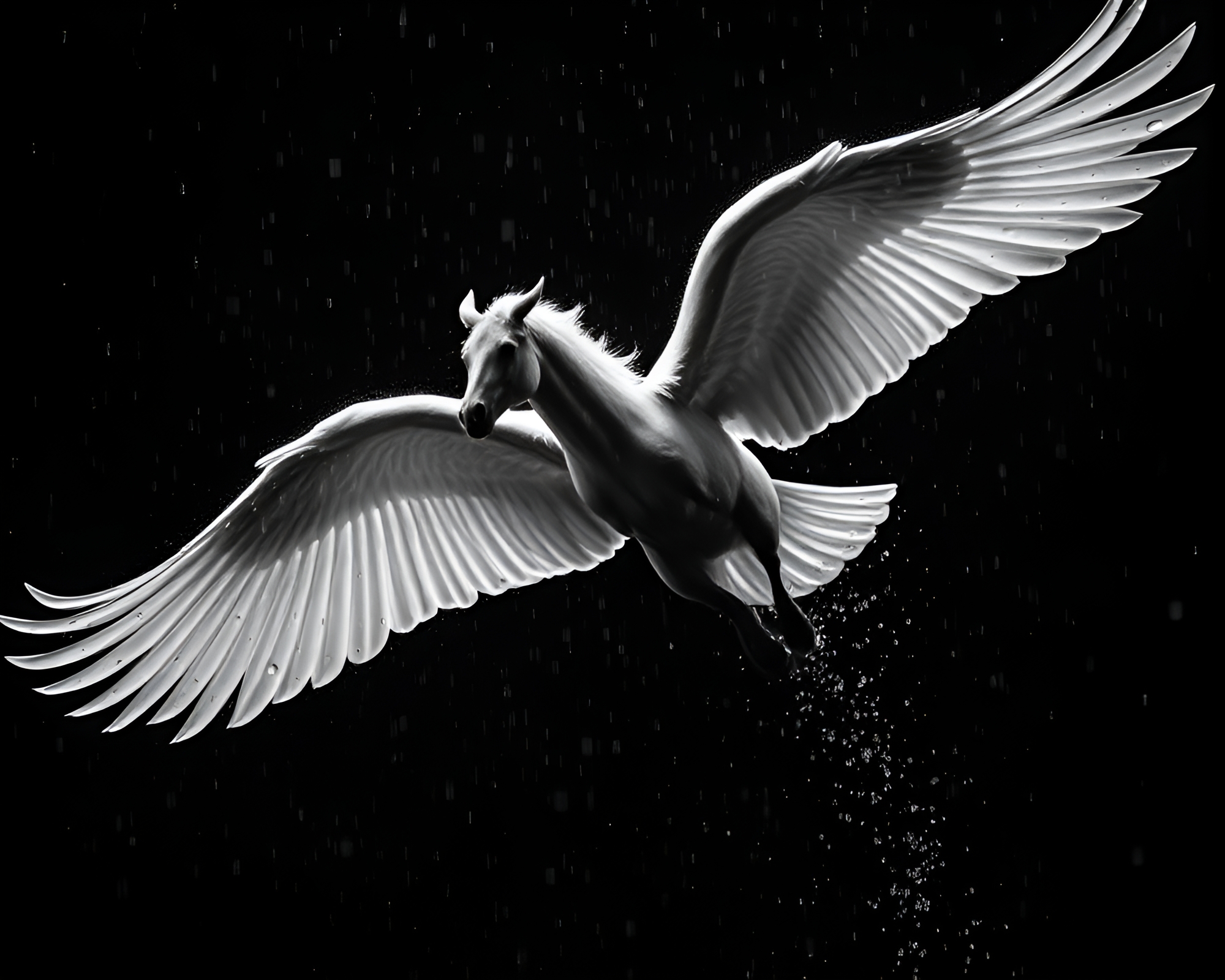 Majestic Pegasus in Muted Noir Scene with Water Droplets – free AI stock image