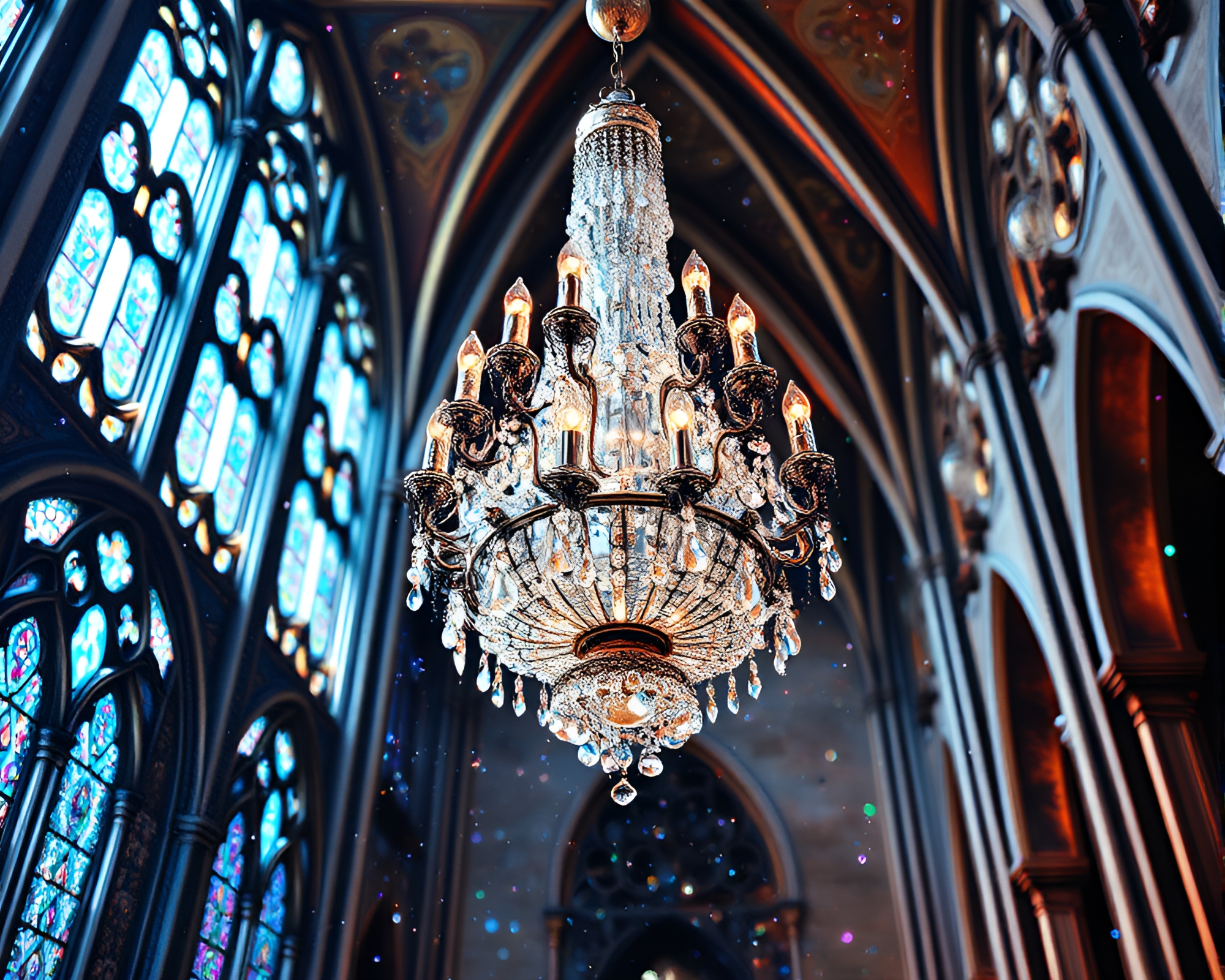 Holographic Chandelier Illuminated by Stained Glass Light Acrylic Painting – free AI stock image