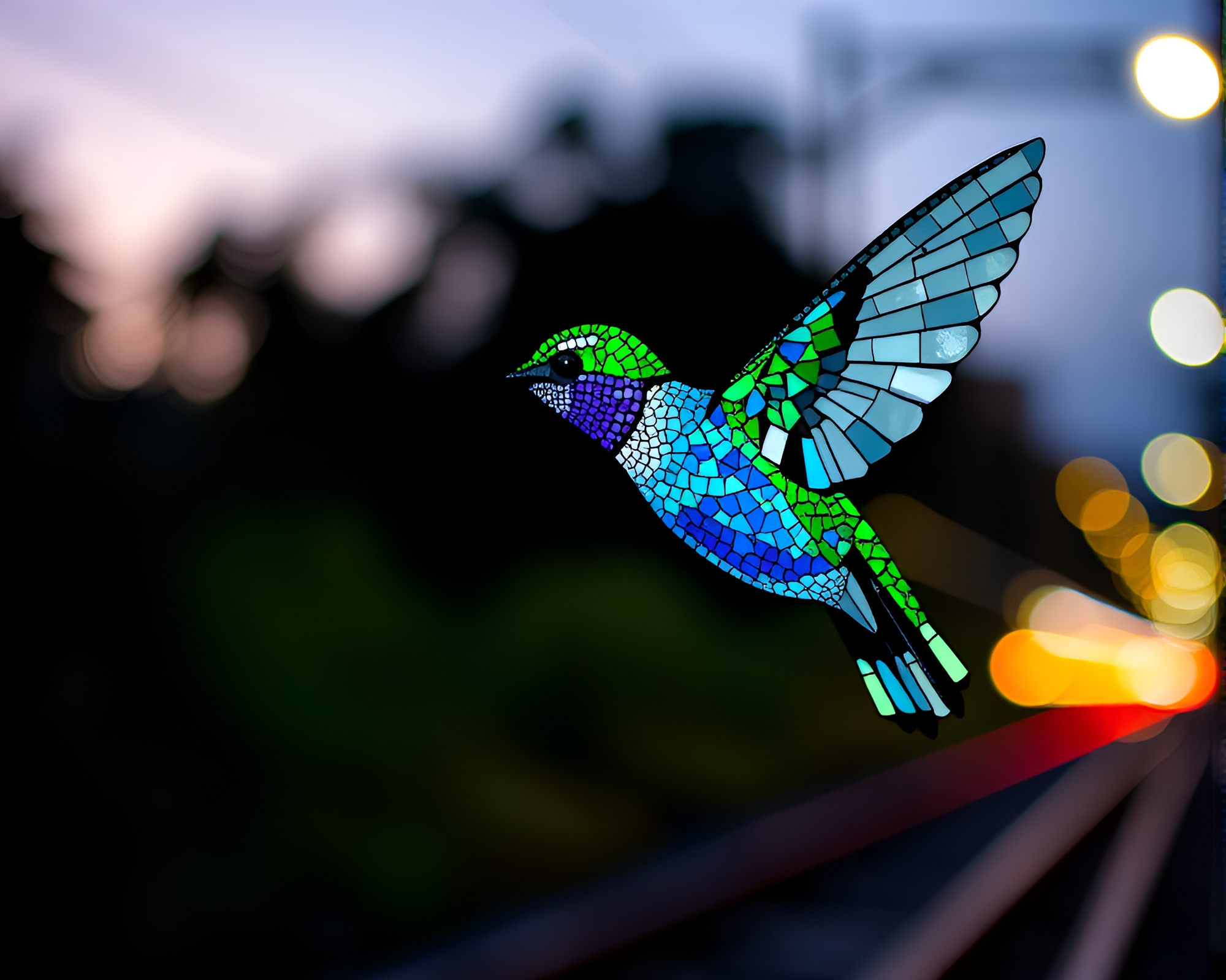 Dazzling Train Light Trails With Hummingbird Mosaic Illumination – free AI stock image