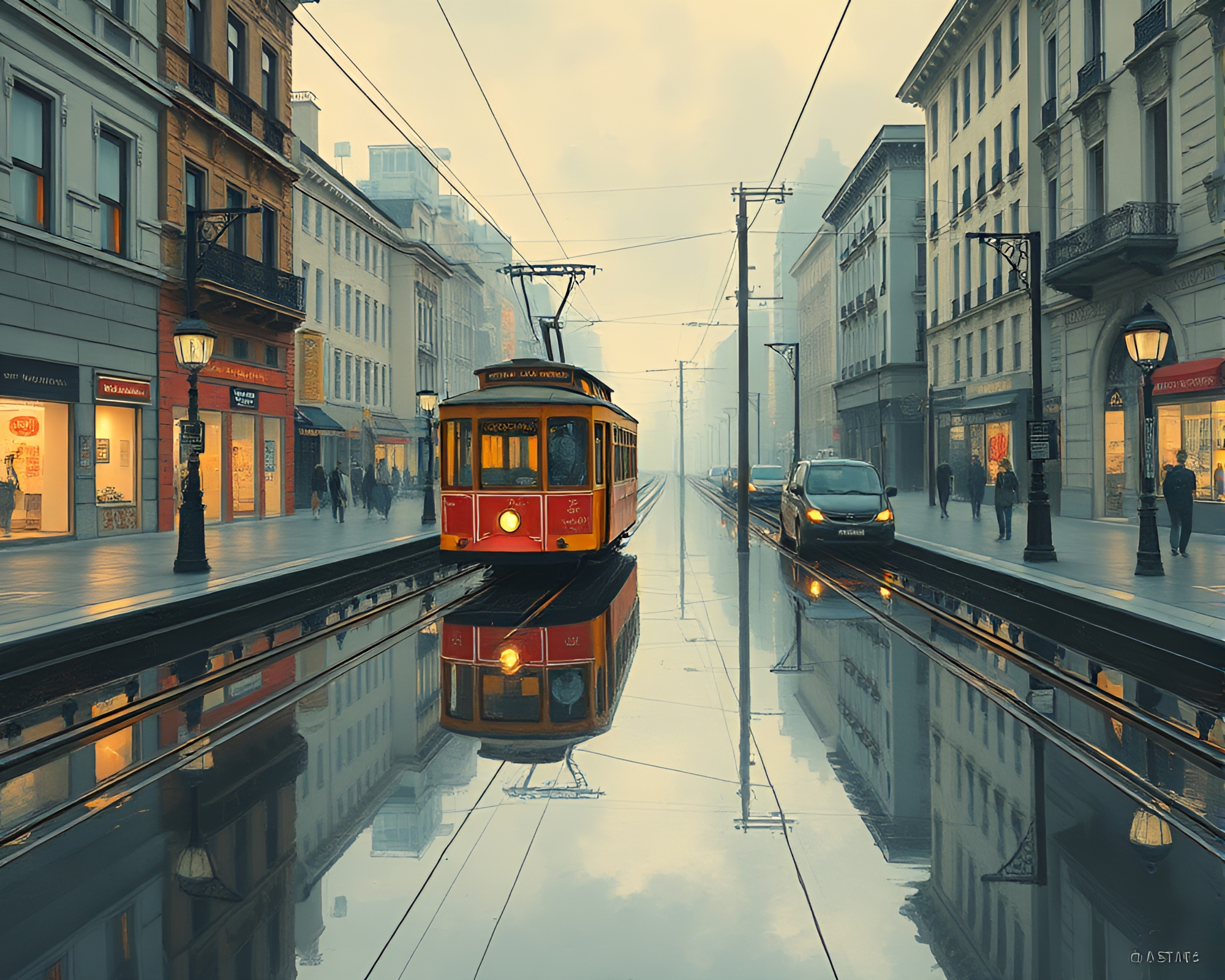 Cable Car Double Reflection Lithography Artwork – free AI stock image