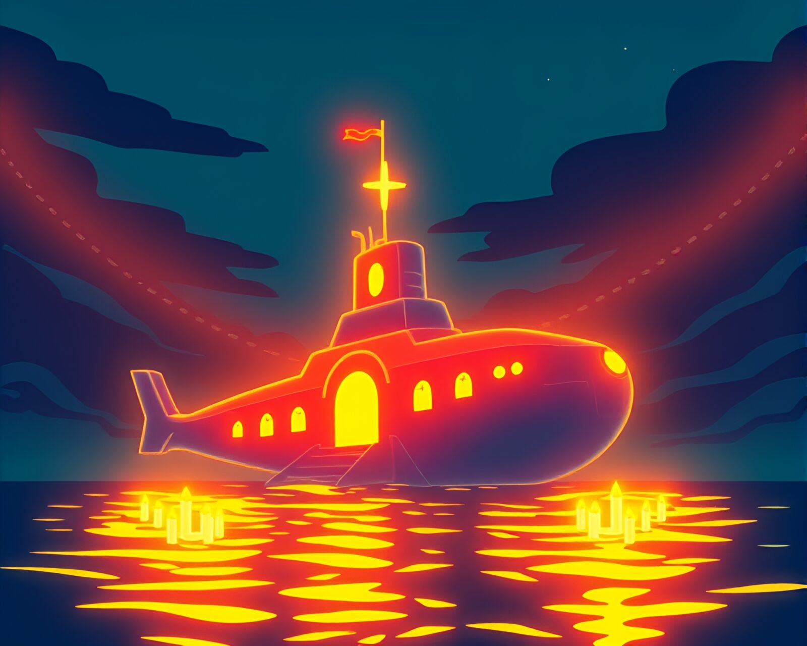 Submarine in scan line composition with church candlelight glow