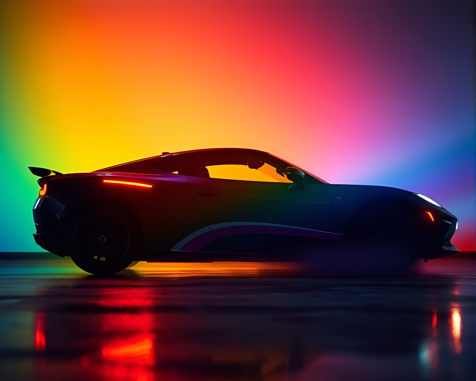 Gleaming flying car under softbox porchlight in rainbow oil