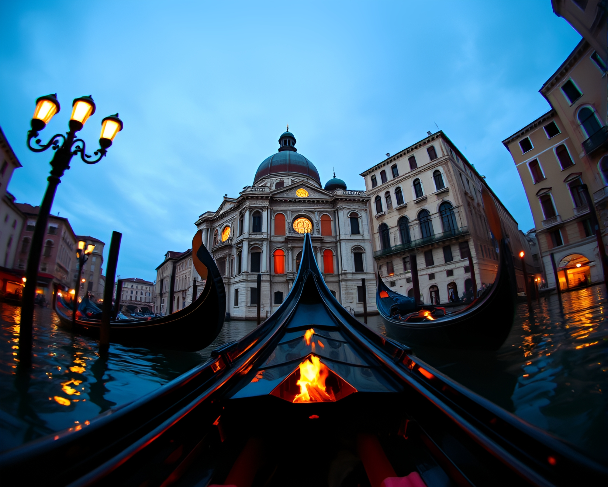 Venetian Gondola Under Firelight: A Photocollage Composition – free AI stock image