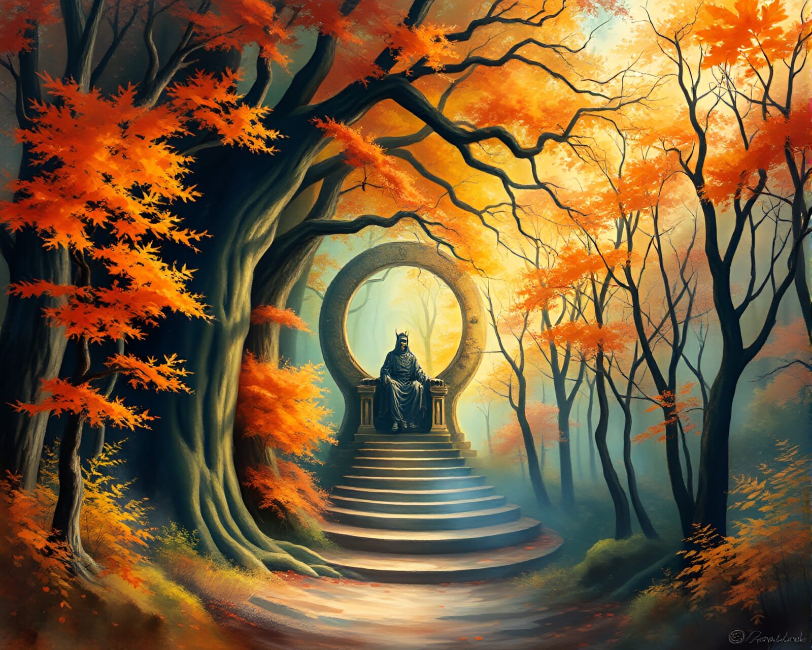 Vibrant watercolor artwork of Fibonacci spiral in autumn forest throne room