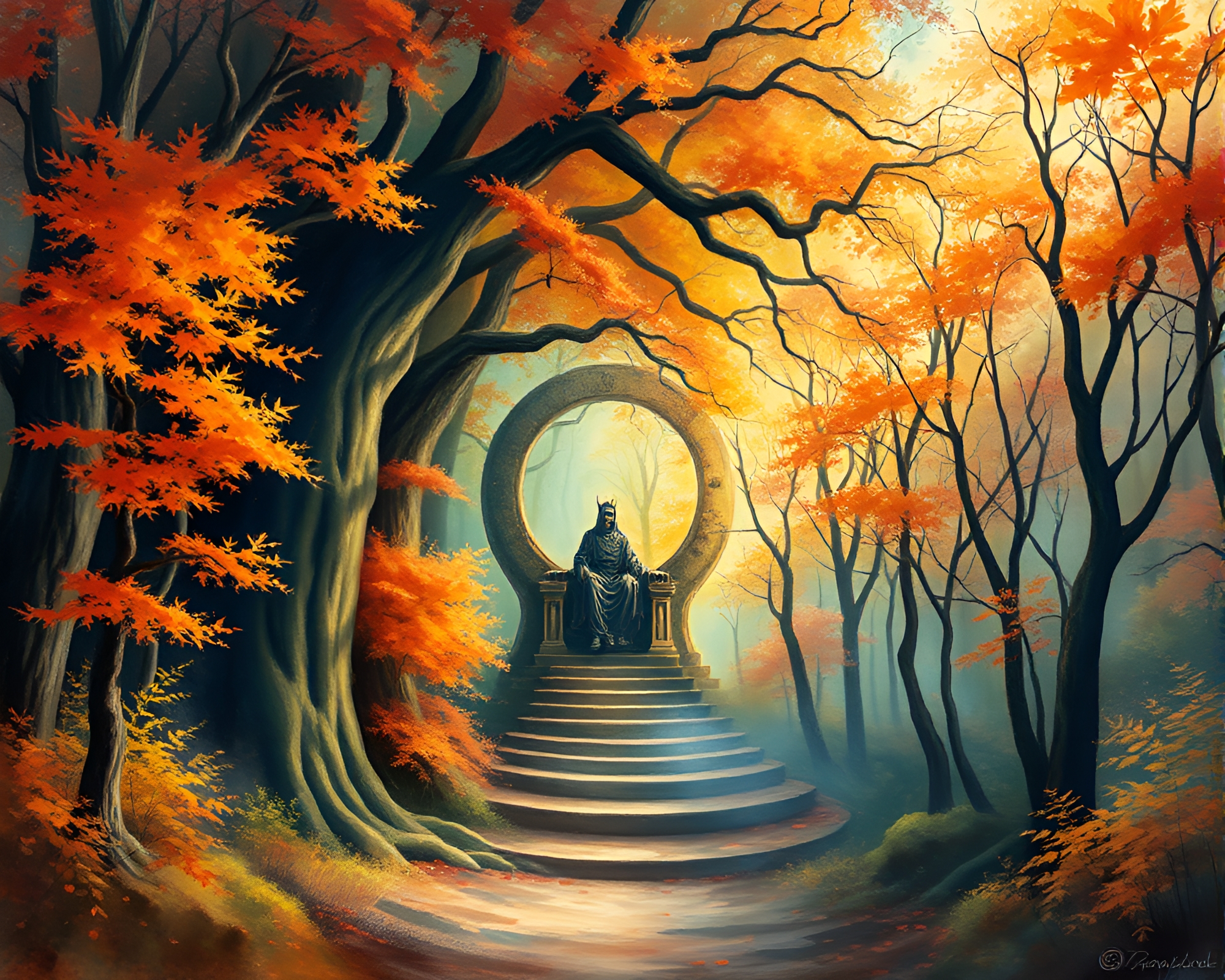 Autumn Forest Fibonacci Spiral Throne Room Watercolor Painting – free AI stock image