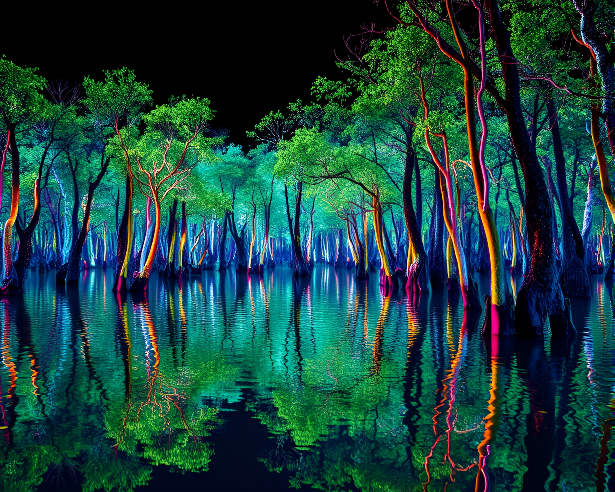 Glitch Mangrove Swamp Reflecting Chrome Wireframe – free AI stock image