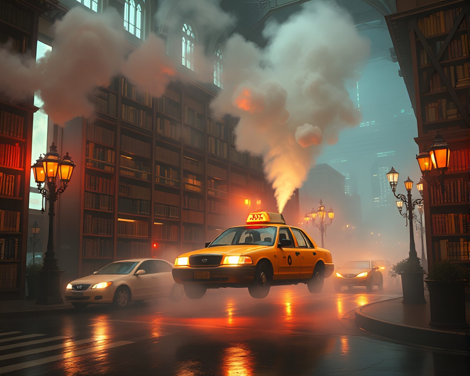 Fantastical lithograph of hover taxi emitting steam vapor
