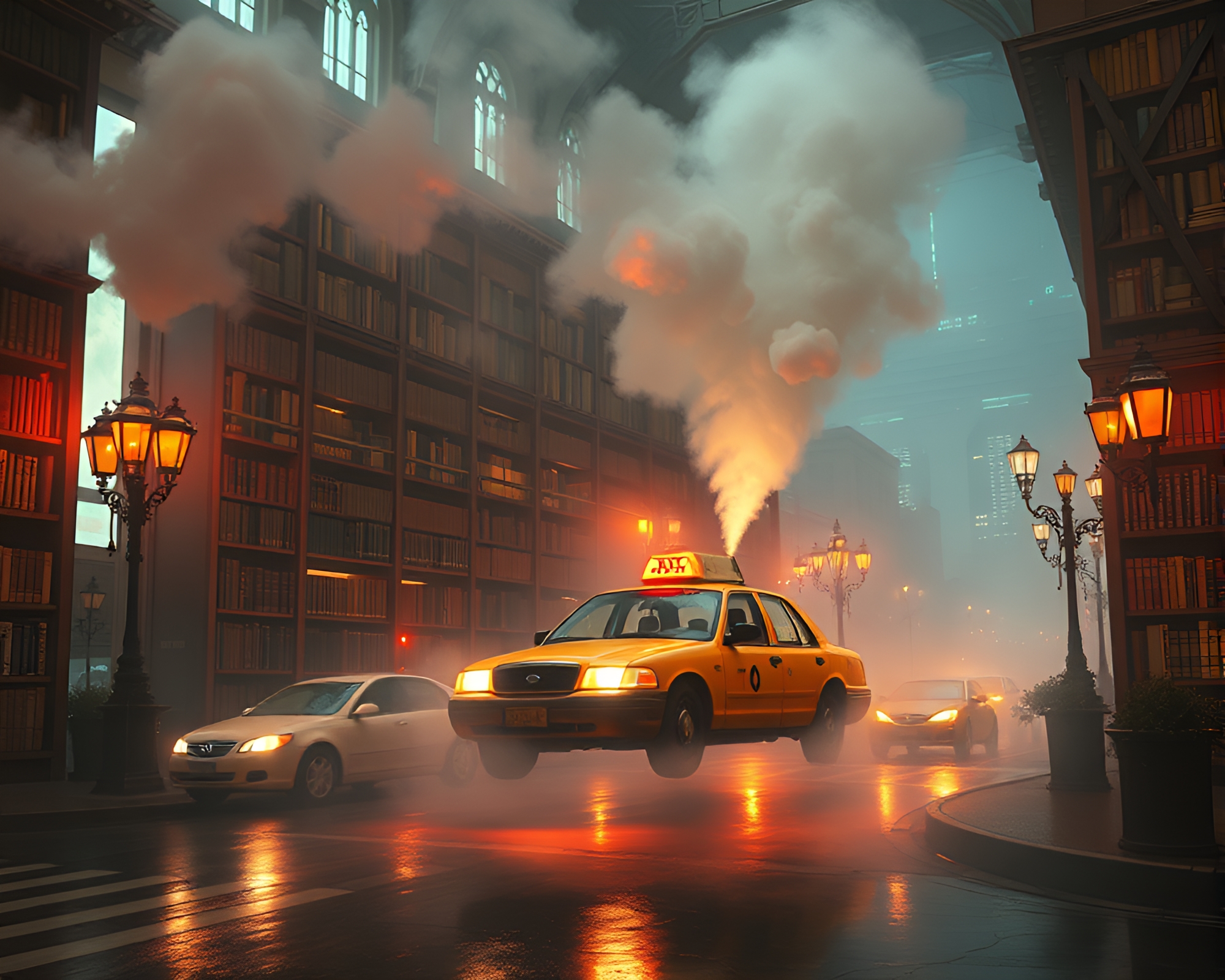 Steam-Powered Hover Taxi in Library Lamp Light – free AI stock image