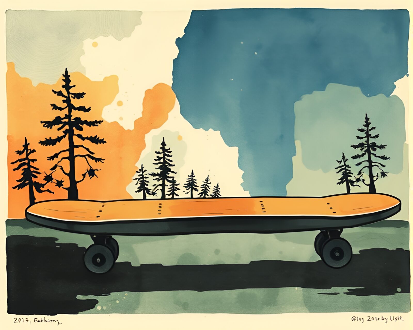 Mystical woodblock print style fantasy hoverboard scene.