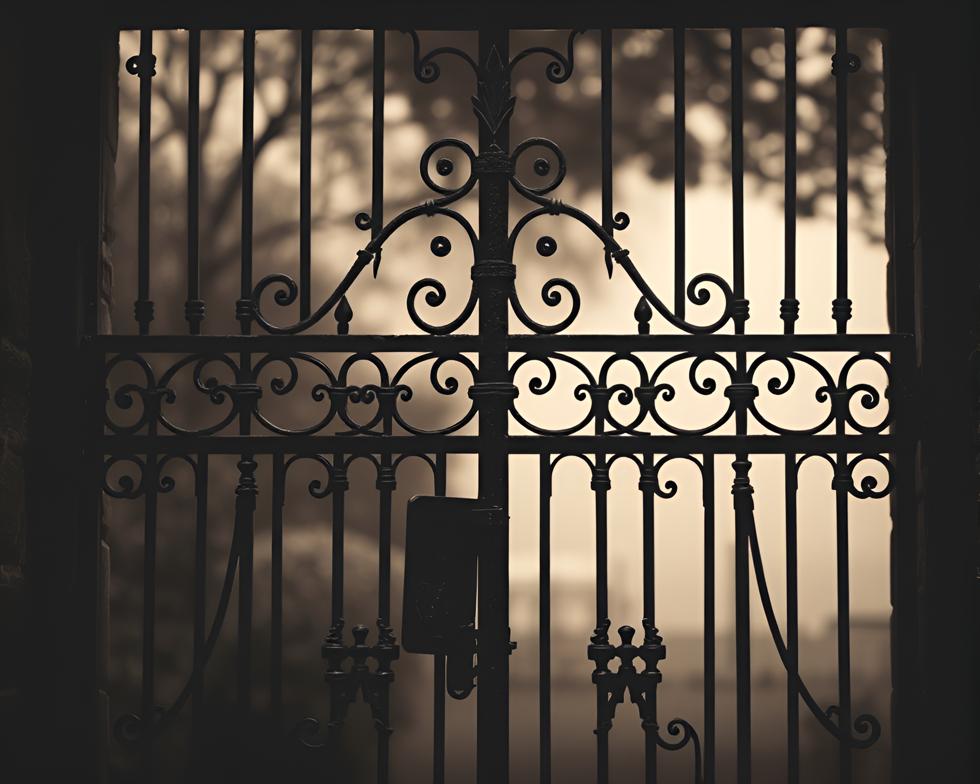 Elegant Sepia Tone Wrought Iron Gate Composition – free AI stock image