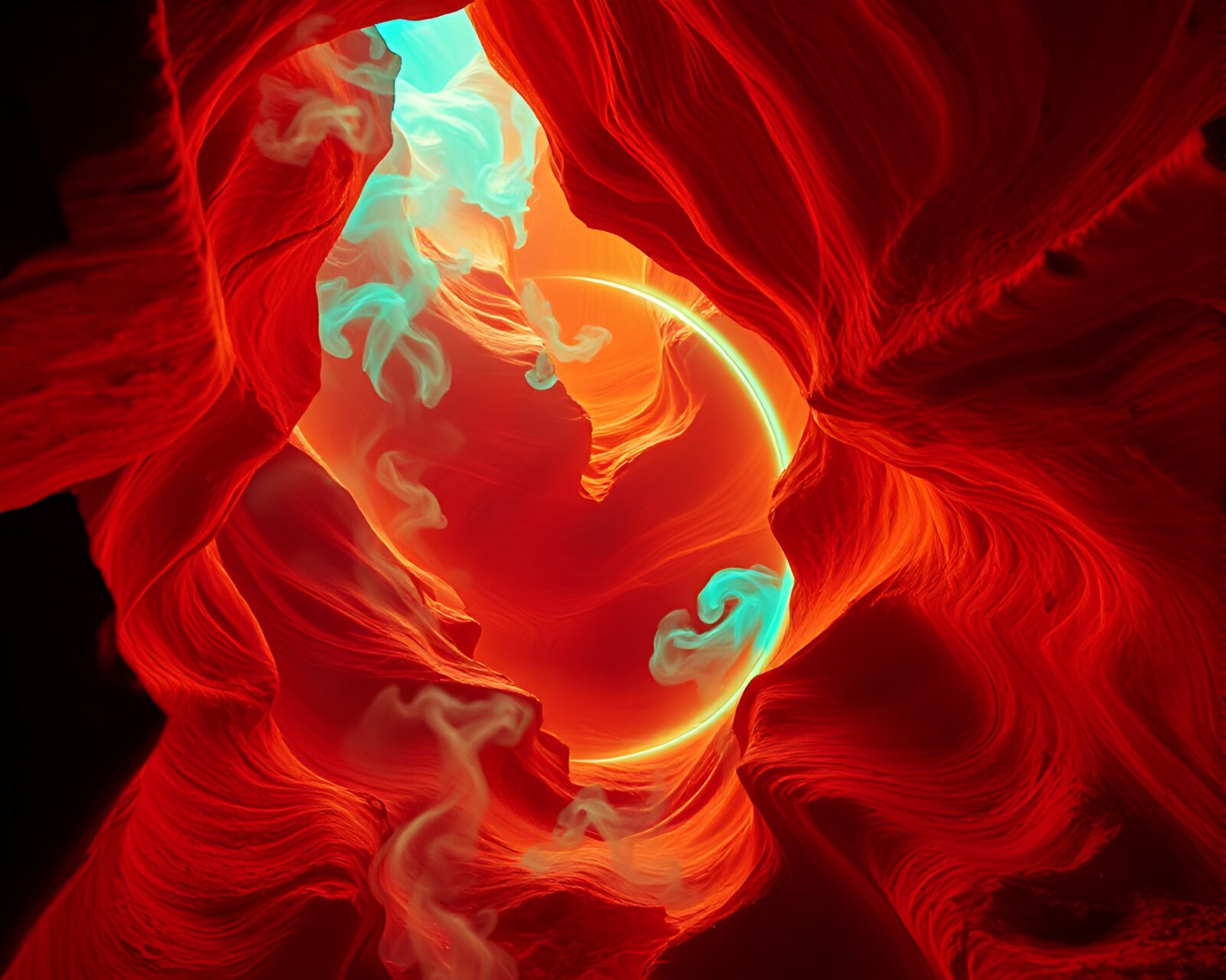 Surreal scene of cybernetic eye surrounded by swirling smoke rings