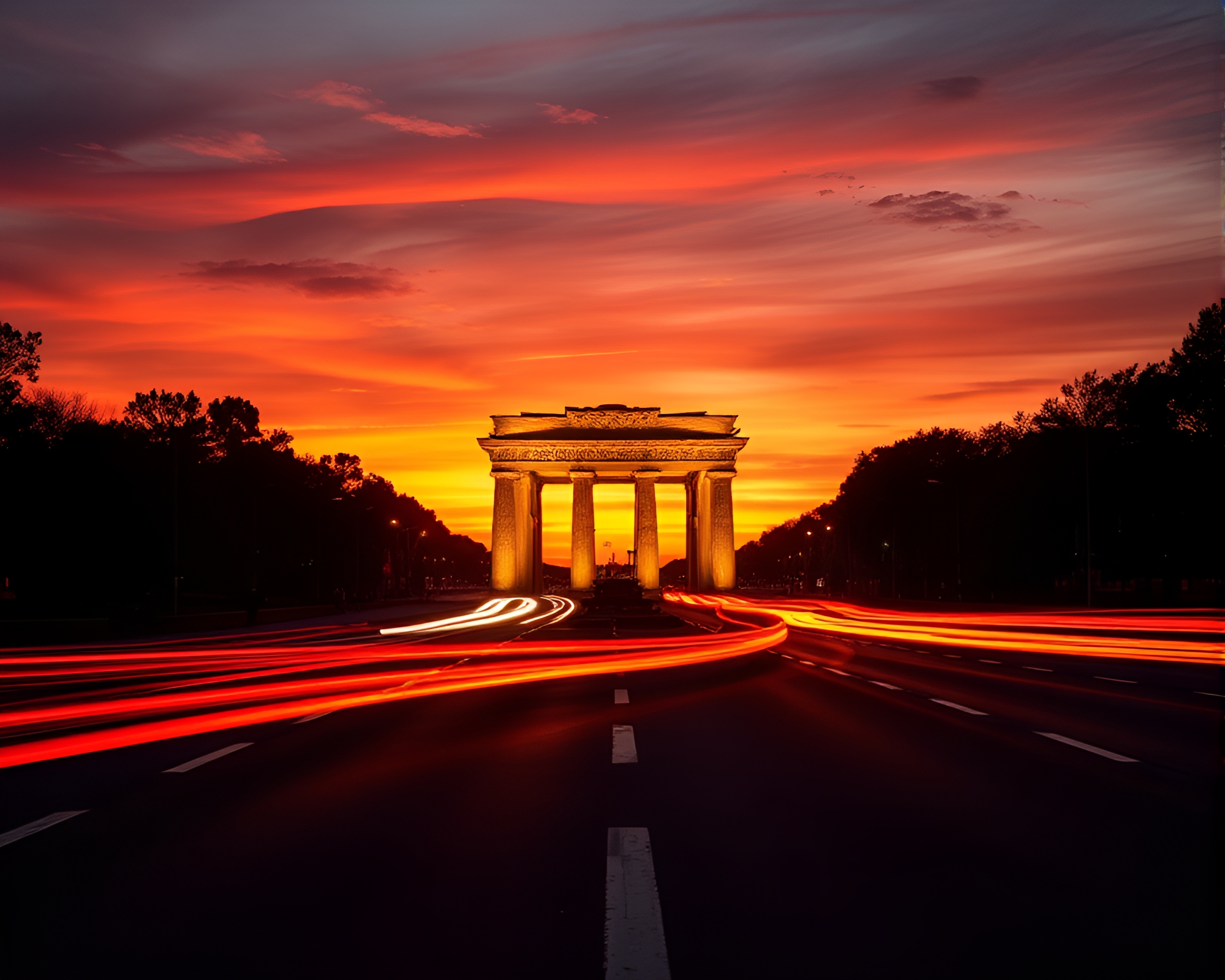 Sculpture adorned in sunset car light trails – free AI stock image