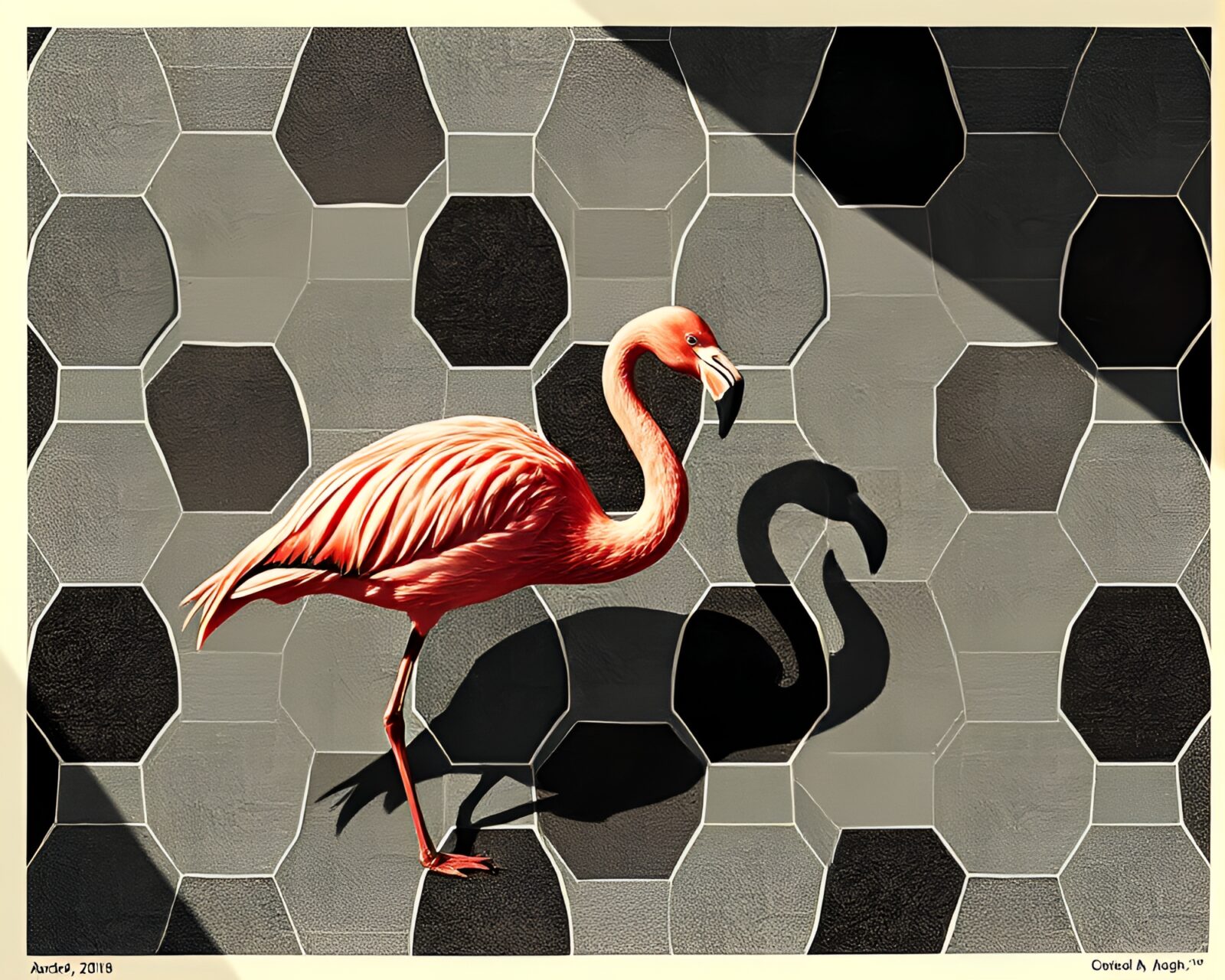 Hexagonal pattern of flamingos in a wooden print style