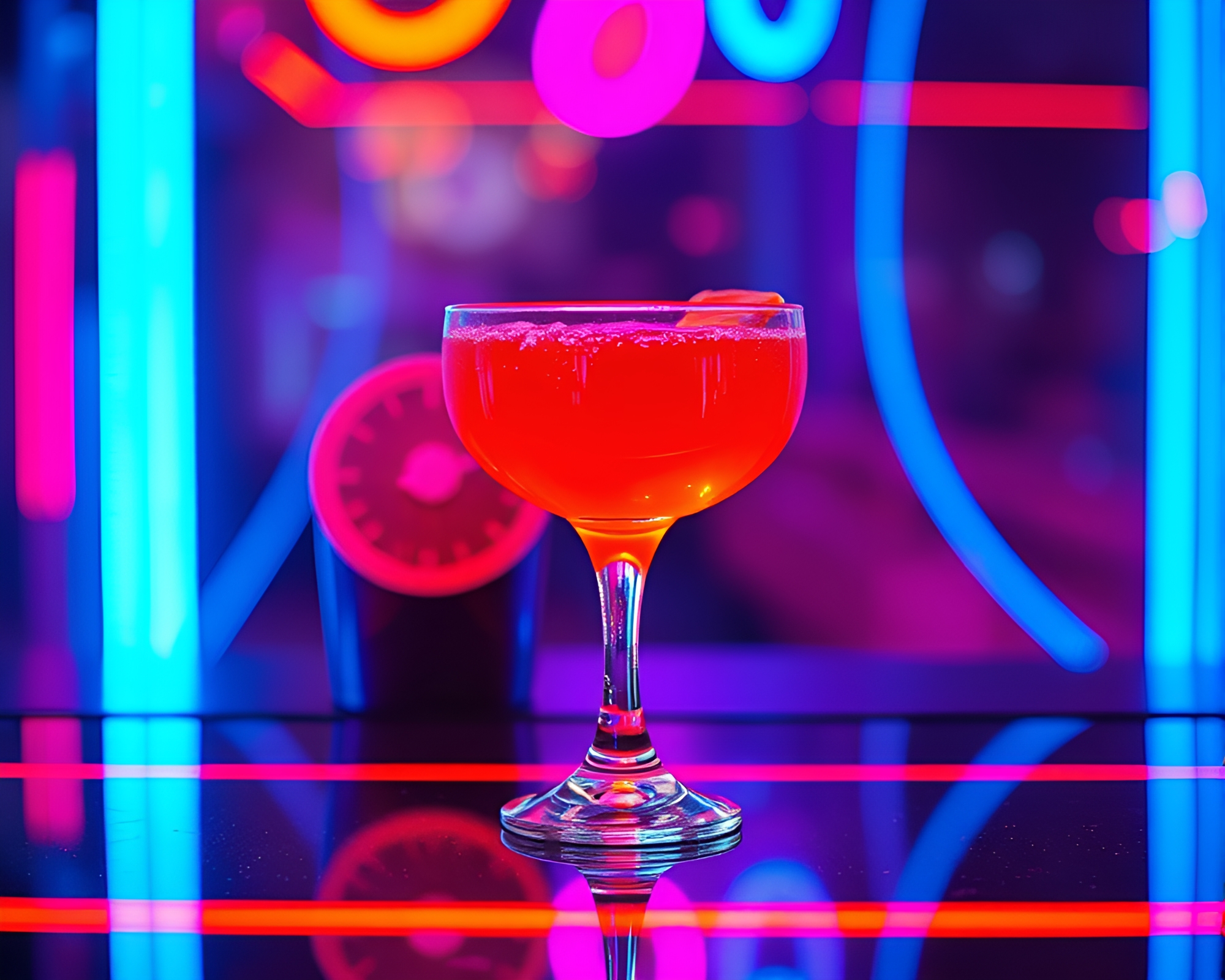 Kinetic Blood Orange Cocktail Neon Reflections – free AI stock image