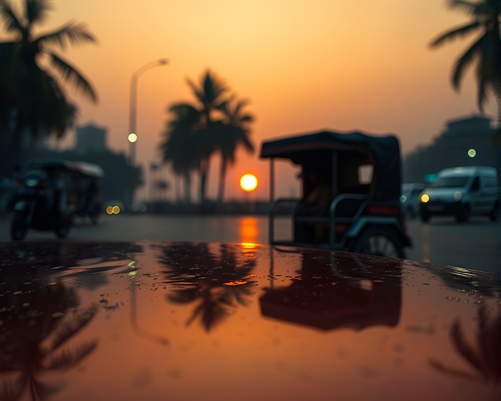 Engraved Rickshaw Silhouette Against Sunset Reflected Surface – free AI stock image