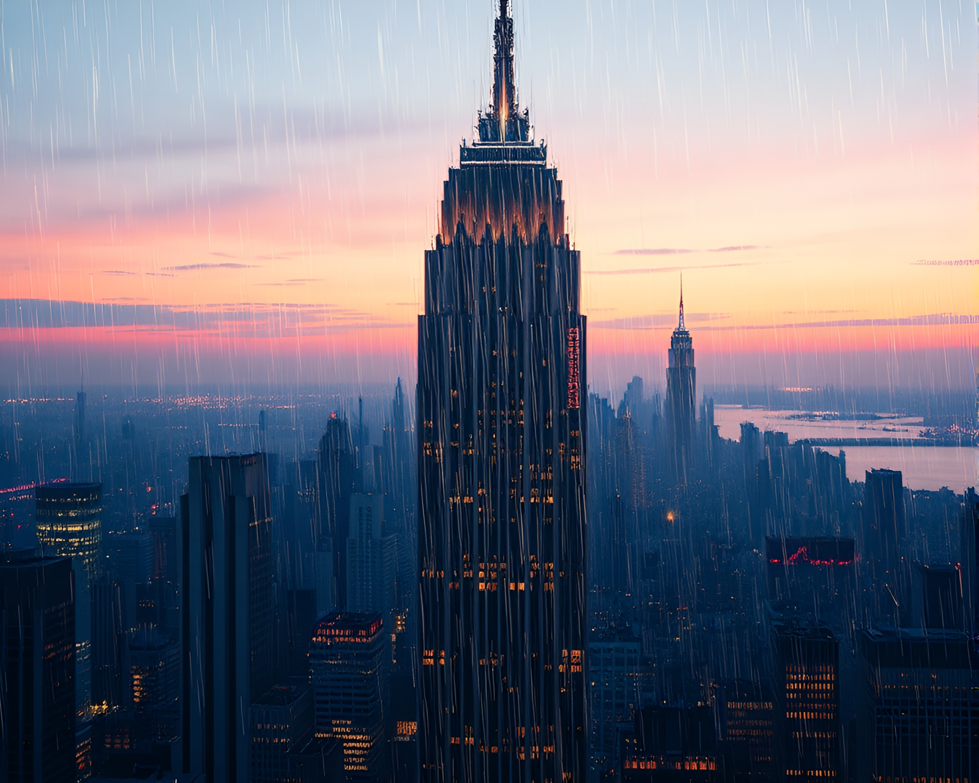 Twilight Skyscraper with Metallic Scratch Compositions – free AI stock image