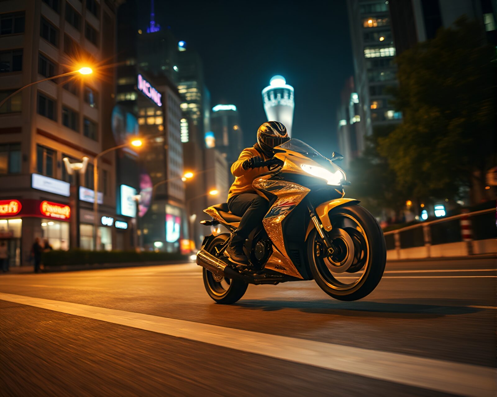 Sleek hoverbike with gold foil highlights cruising through neon cityscape.