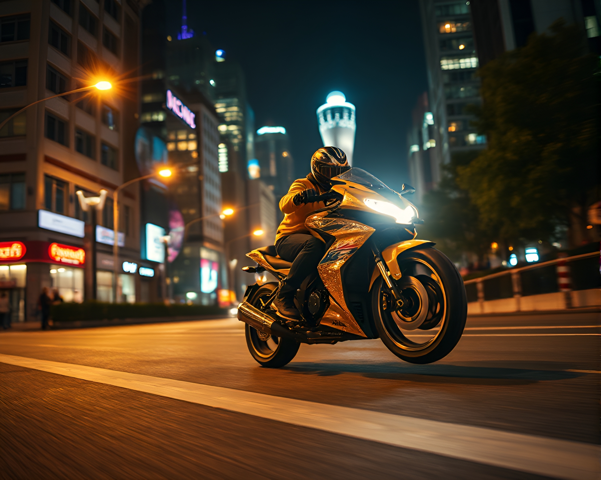 Futuristic Hoverbike Glowing in City Lights – free AI stock image