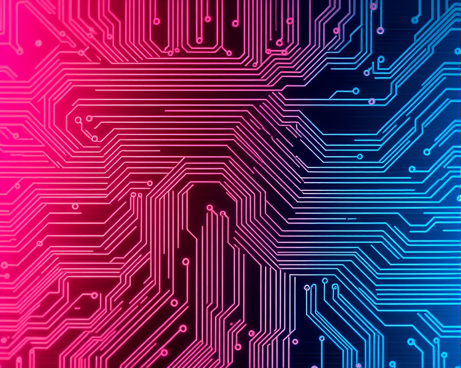 Glowing neon signs intertwined with intricate circuit board traces