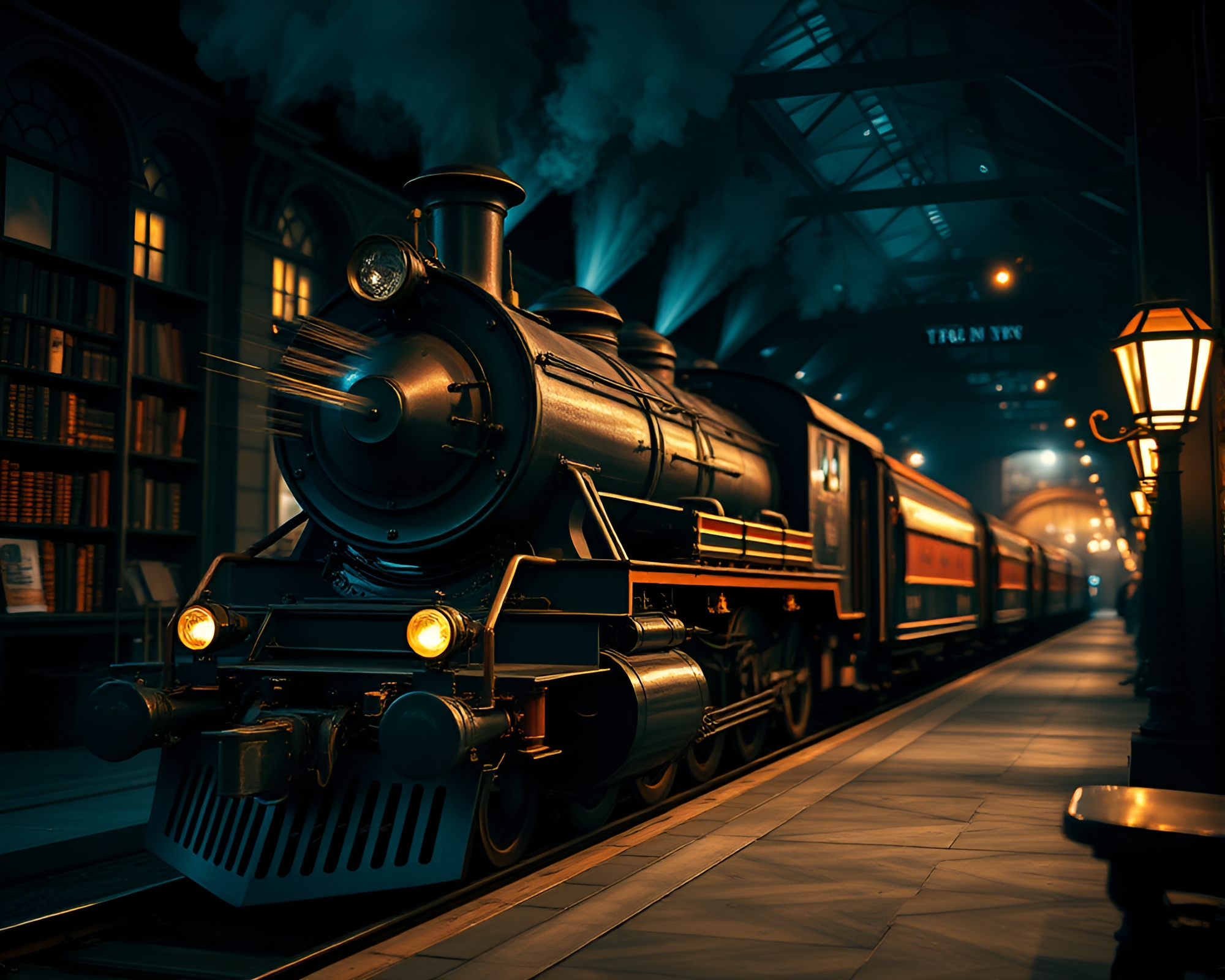 Surreal Steam Locomotive in Library Lamp Light – free AI stock image