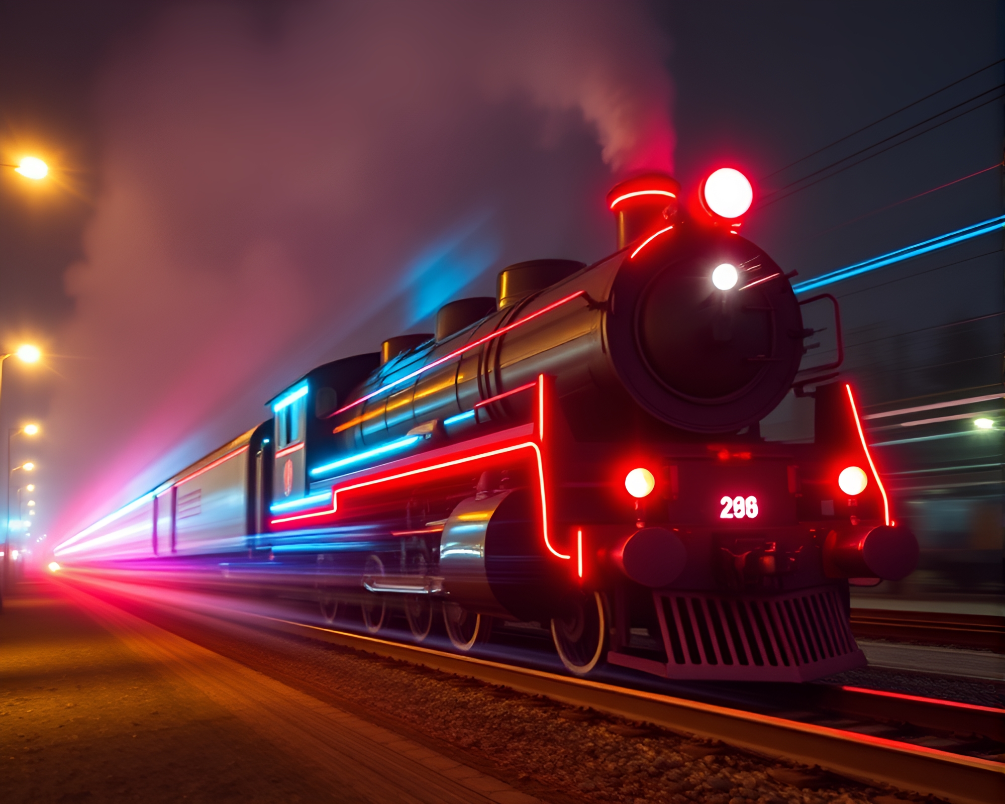 Cubist Steam Locomotive with Neon Light Trails – free AI stock image
