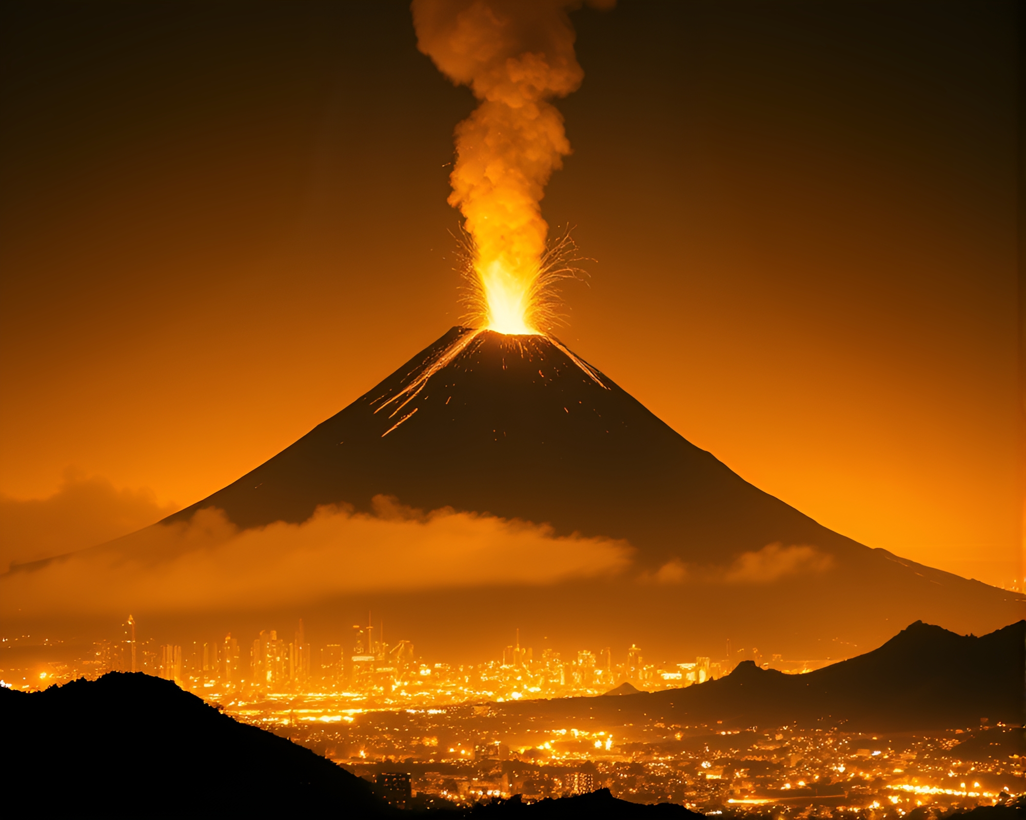 Digital Chaos: City Volcano Eruption in Sepia Night – free AI stock image