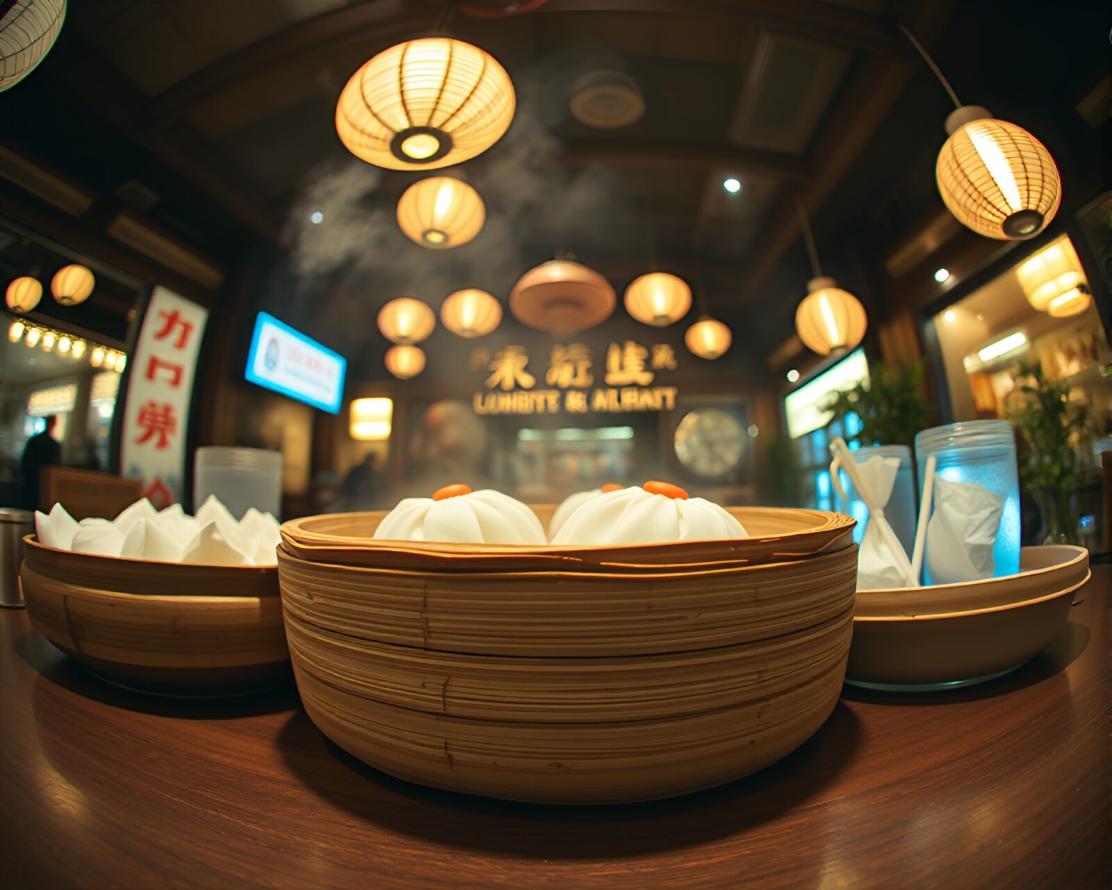 A close-up view of a dim sum basket with a fisheye effect and high-key lighting