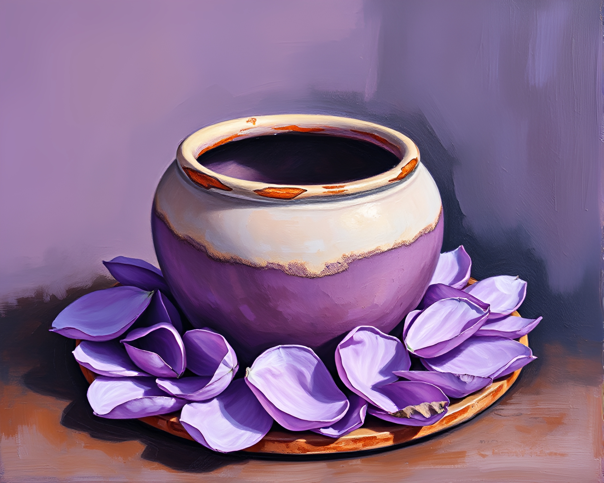 Amethyst Glow: Flower Petals in Rustic Acrylic Pottery – free AI stock image