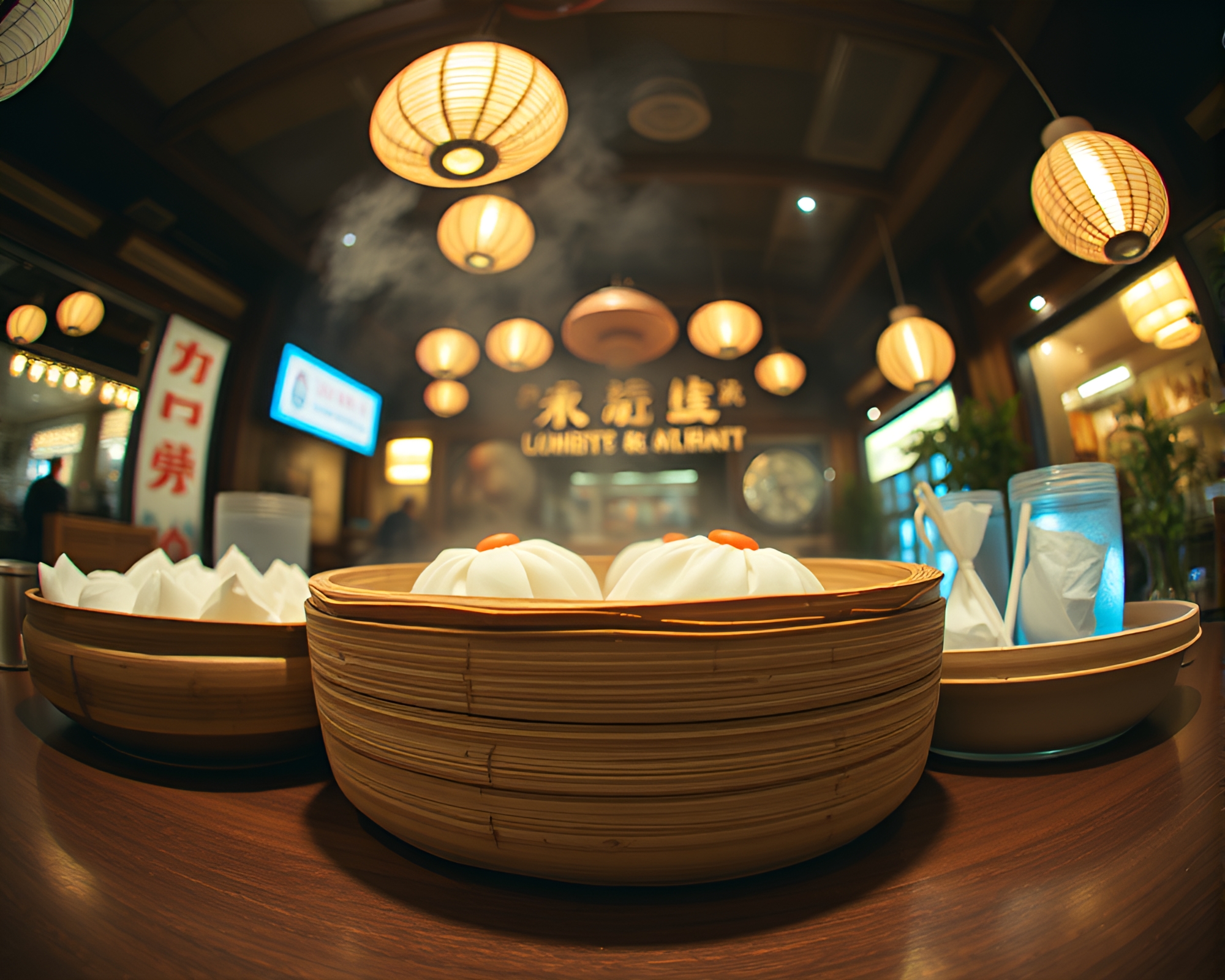 Dim Sum Basket under Fisheye Lens – free AI stock image