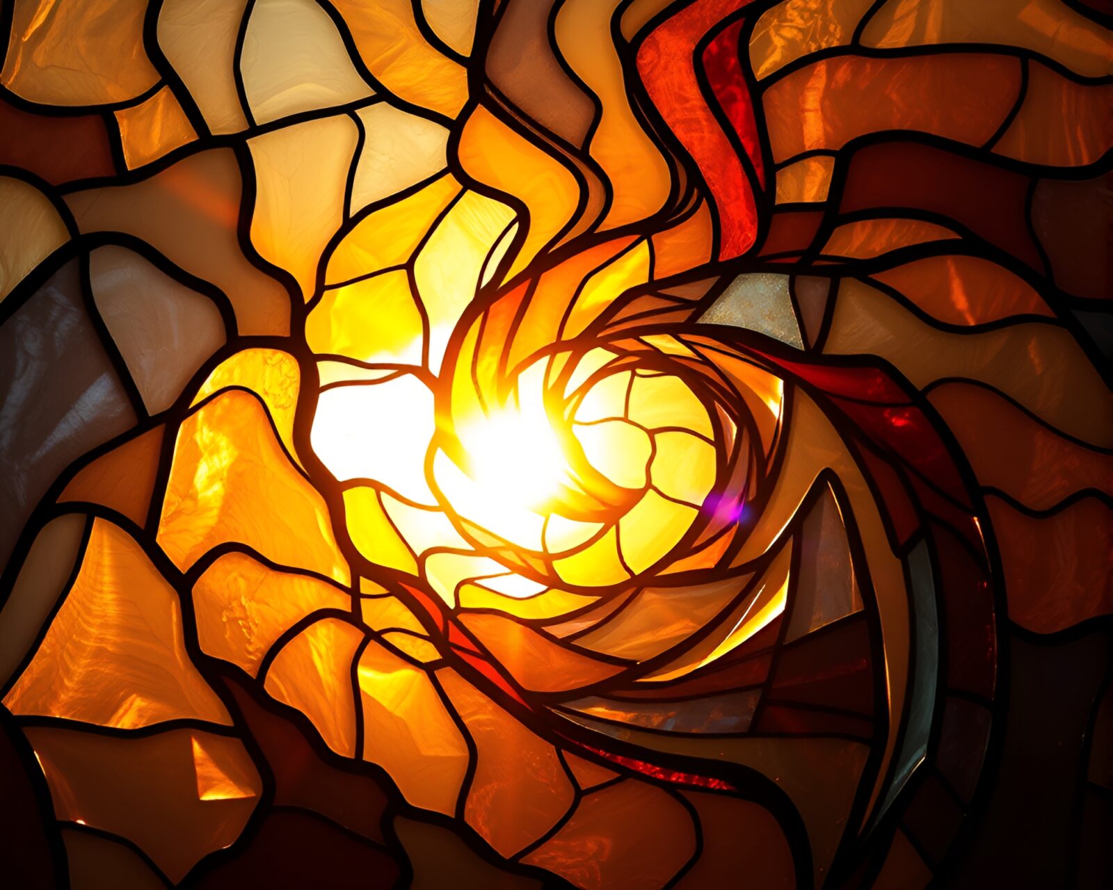 Radiant gold light shining through intricate twisting glass art