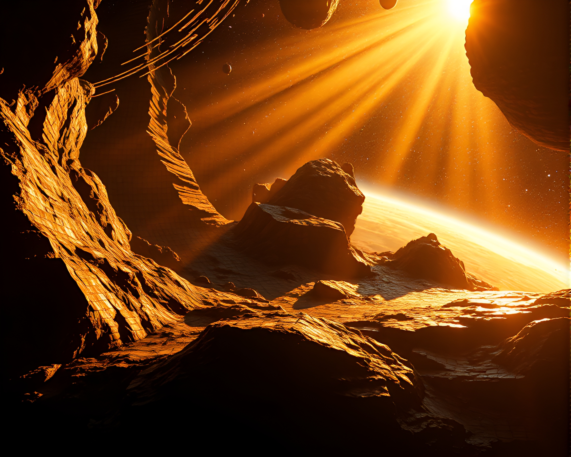 Golden Morning Light Illuminates Space Mosaic Habitat – free AI stock image