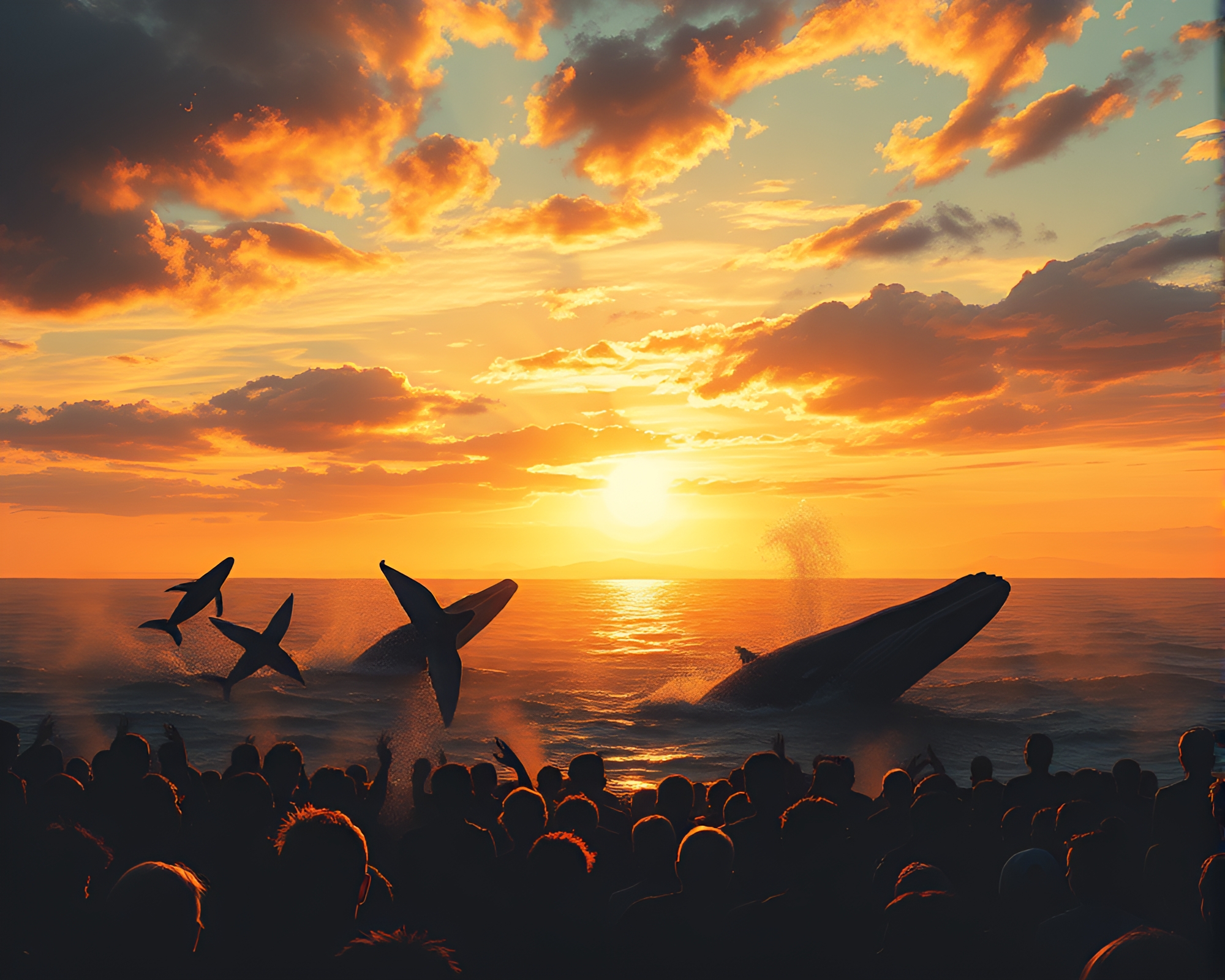 Whale silhouette in golden dusk crowd action painting – free AI stock image