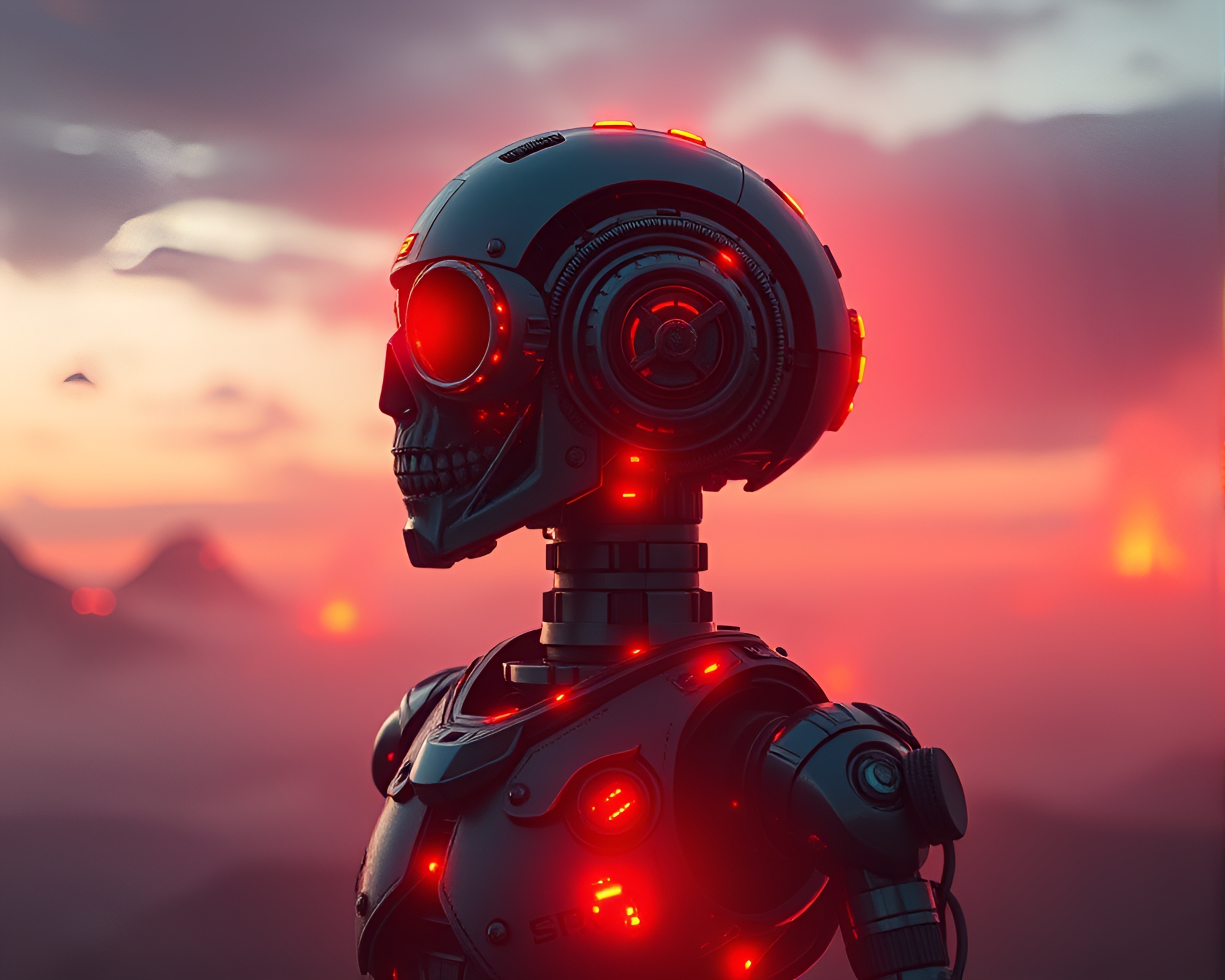 Steampunk Robot in Volcano Glow Double Reflection Spotlight – free AI stock image