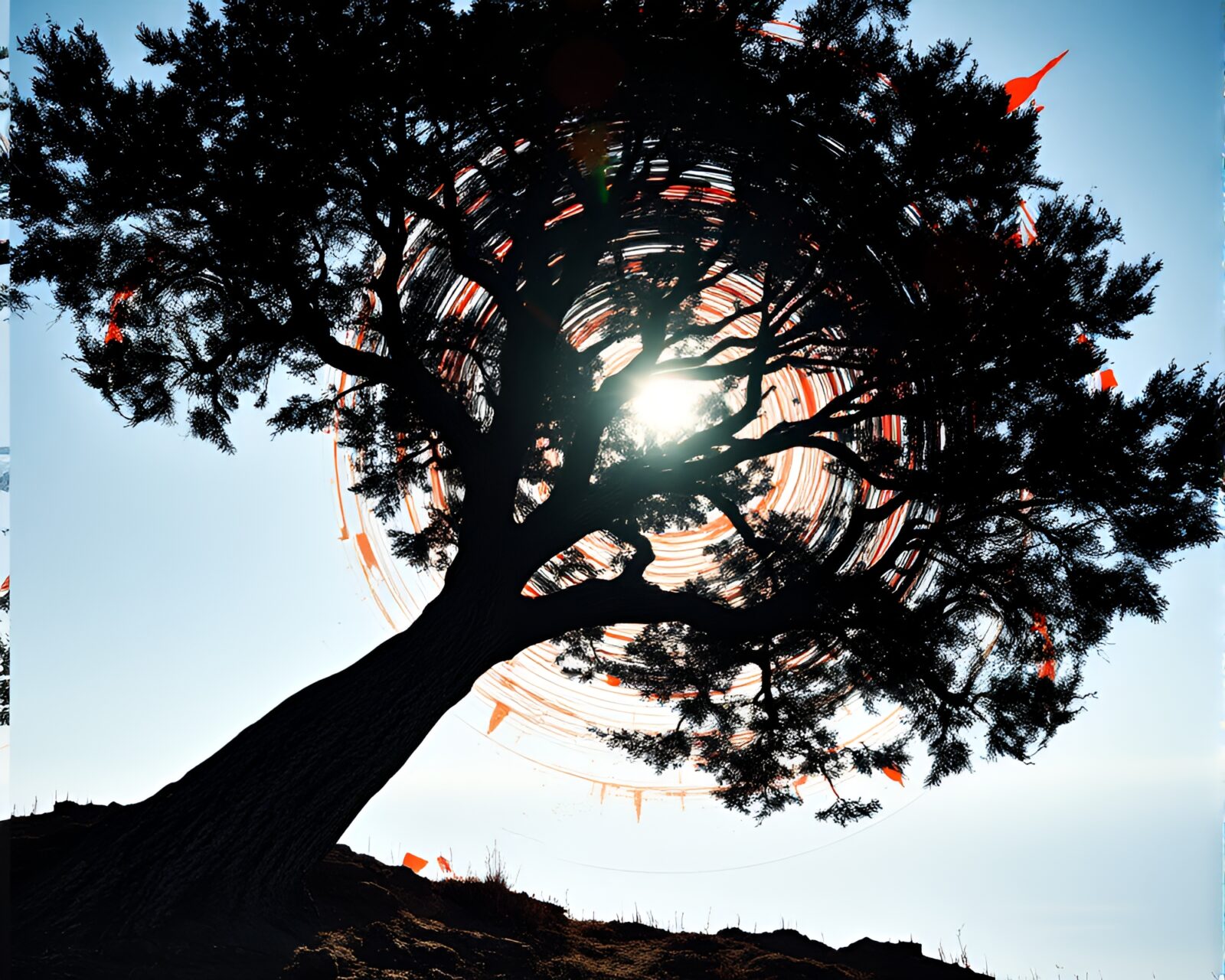Intricate tree ring design with lens flare on cliffside