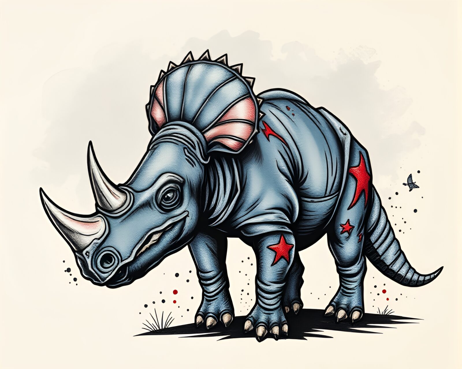Colorful tattoo flash rhinoceros on denim background with acrylic splatters