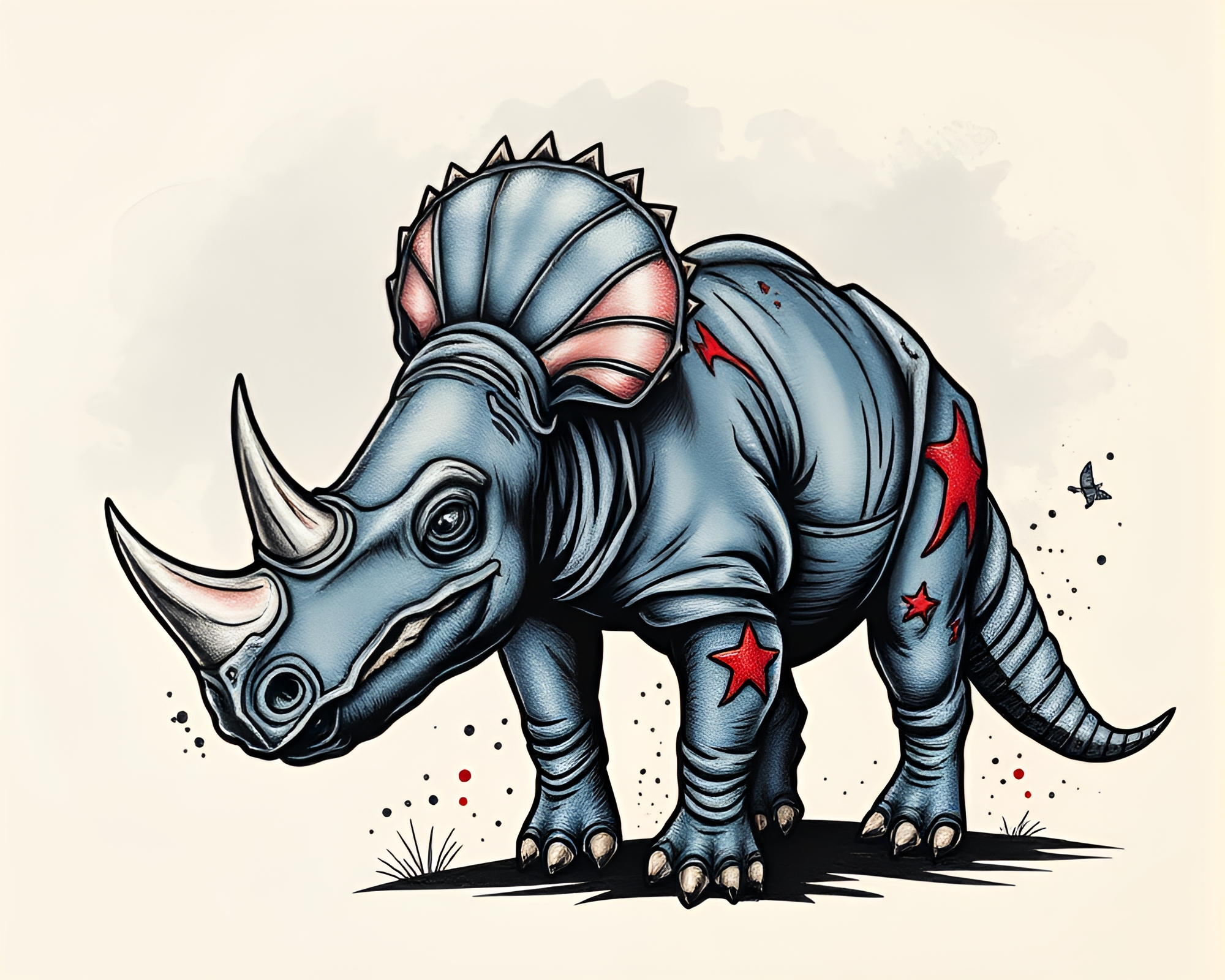 Rhinoceros in Tattoo Flash Art with Acrylic Splatters – free AI stock image