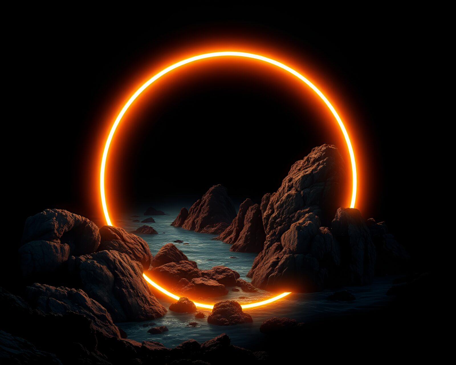 Circular blueprint-style design featuring a rocky coastline with a fluorescent glow