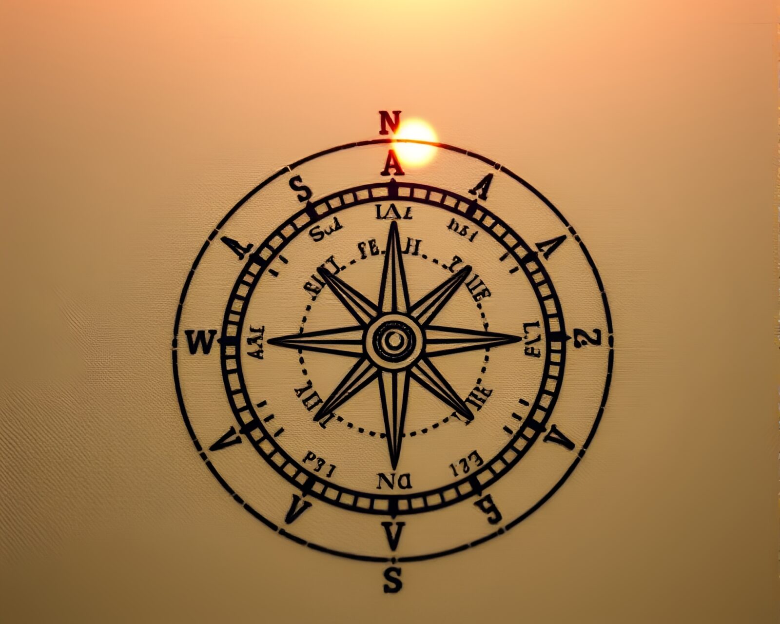 Vintage compass design with pink sunrise light hatching